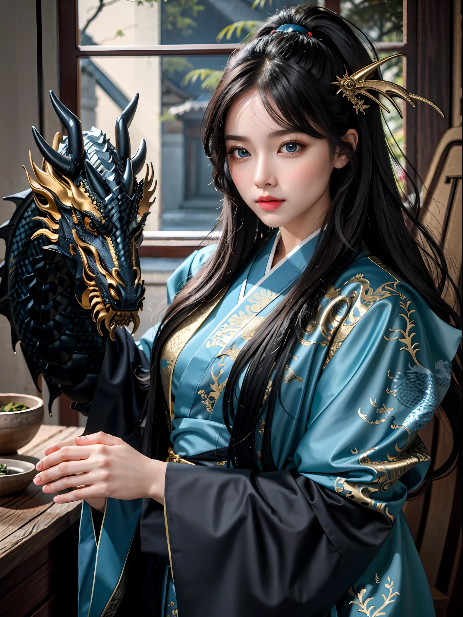 A masterpiece, of the best quality, realistic, realistic, this painting depicts a woman standing next to a dragon. The whole painting uses a cute and realistic portrait (styled kawaii realistic portrait) with dark blue eyes. Long hair fluttering and cute (cute:2). The whole painting shows excellent photorreal details, light and shadow tracing, rich details, close-up of a woman in kimono with a dragon, dragon girl portrait, dragon-inspired cloth robe, Asian girl, flowing black long hair, dragon girl, dragon in the background, black dragon, hanging ornaments, Chinese fantasy