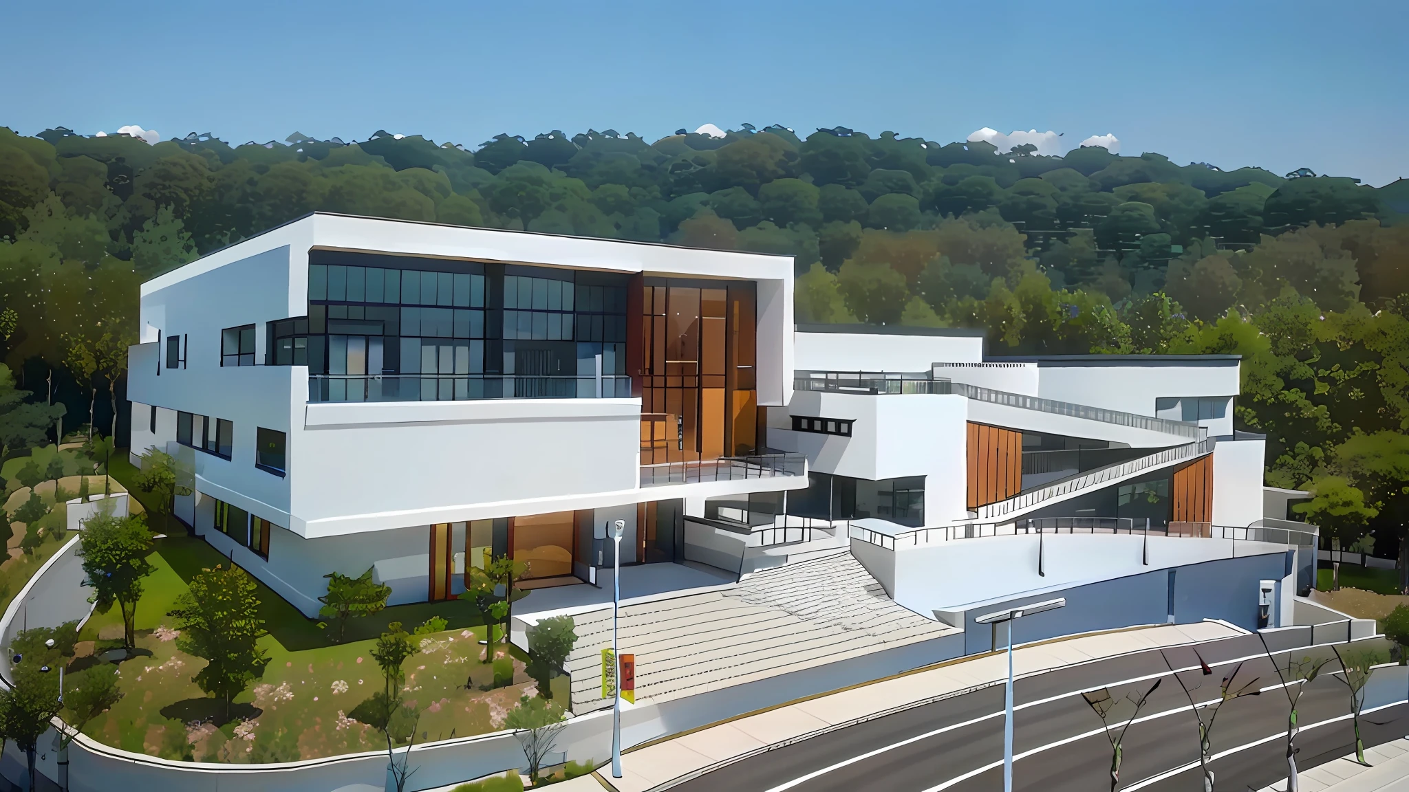 arafed view of a modern house with a staircase leading to the upper level, modern technology building, school, high school, medical research facility, shin jeongho, crisp smooth clean lines, full - view, ji-min, schools, office, kim hyun joo, exterior, research center, jiyun chae, korean, jin shan