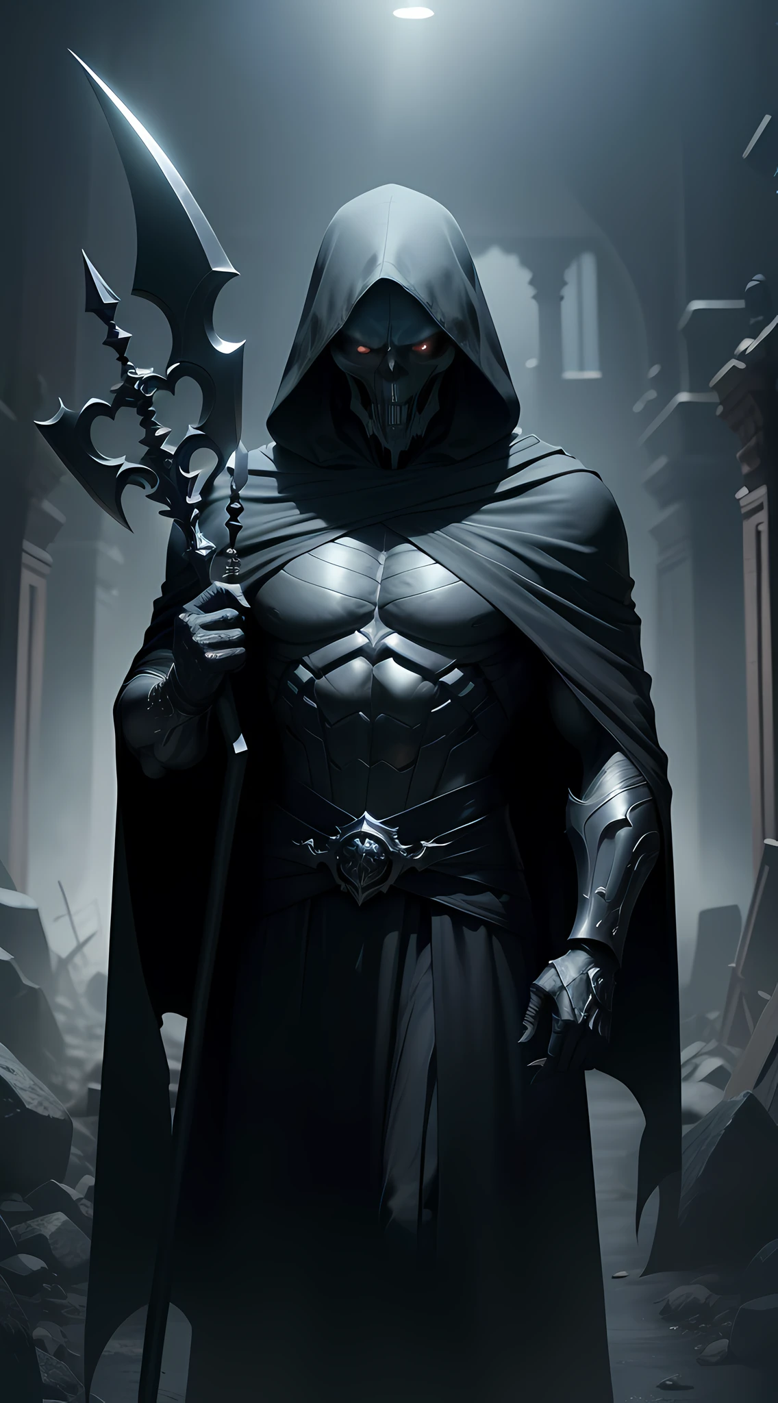 A full-body photo captures the image of the Eternal Reaper, wrapped in a black cloak, (emerging from the dense mist: 5). With a scythe: 1.2 sharp in a skeletal hand, his empty eyes glow supernaturally. His skeletal and imposing figure dominates the scene, conveying an aura of power and mystery. The dark image, intricate details, perfect features, dramatic, cinematic lighting, accent lighting, SSAA, smooth render, high details, super detail, 8k, 16k, best quality