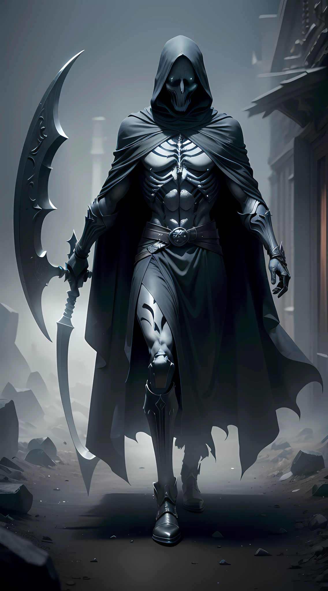 A full-body photo captures the image of the Eternal Reaper, wrapped in a black cloak, (emerging from the dense mist: 5). With a scythe: 1.2 sharp in a skeletal hand, his empty eyes glow supernaturally. His skeletal and imposing figure dominates the scene, conveying an aura of power and mystery. The dark image, intricate details, perfect features, dramatic, cinematic lighting, accent lighting, SSAA, smooth render, high details, super detail, 8k, 16k, best quality