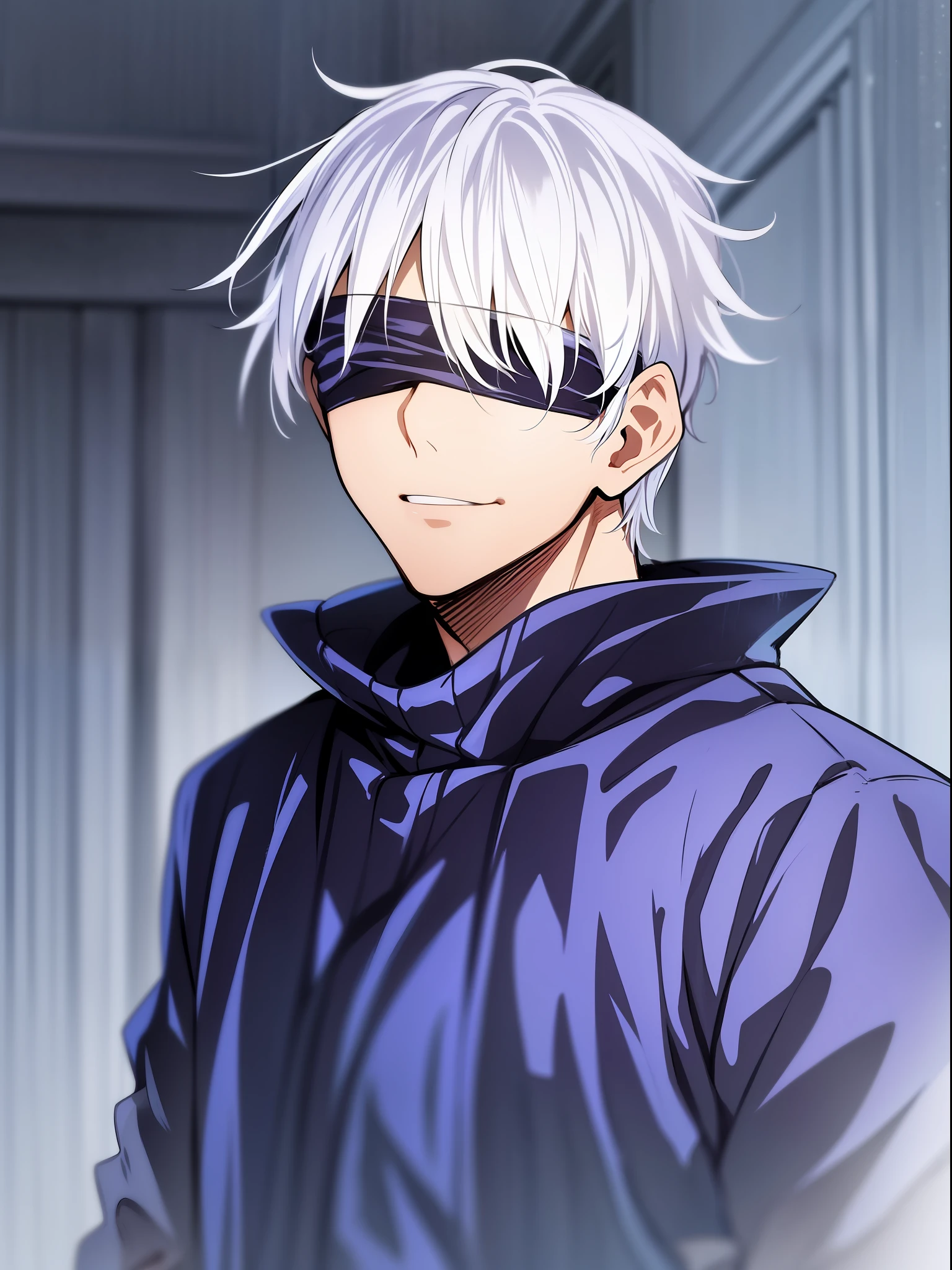 1boy, Saturated Gojo walking, white hair (goosebumps:1.5), blue eyes, wearing a black blindfold, nice environment, super detailed, high quality