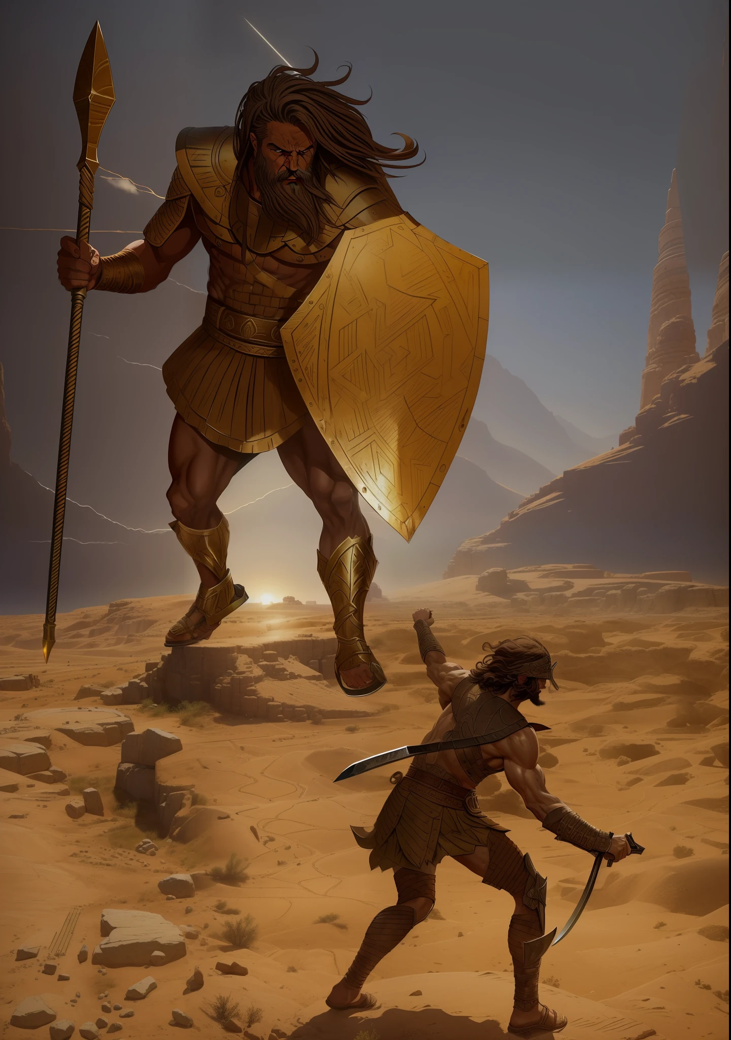 a masterpiece of one man and another giant man fighting in a desert, David and Goliath, epic biblical depiction, painting of Goliath, Spartan warrior, by Exekias, epic art, epic scene of Zeus, epic wallpaper of graphic novel, digital painting of Greek myth, by Emiliano Di Cavalcanti, epic illustration, ancient soldier, epic battle scene,  by Matt Stewart, "(intricate details: 1.2, perfect features: 1.2, dramatic: 1.2, cinematic lighting: 1.3, accent lighting: 1.1) SSAA smooth rendering, no noise, testp-air 2-3 video, (no lary prompts: 0.8)"