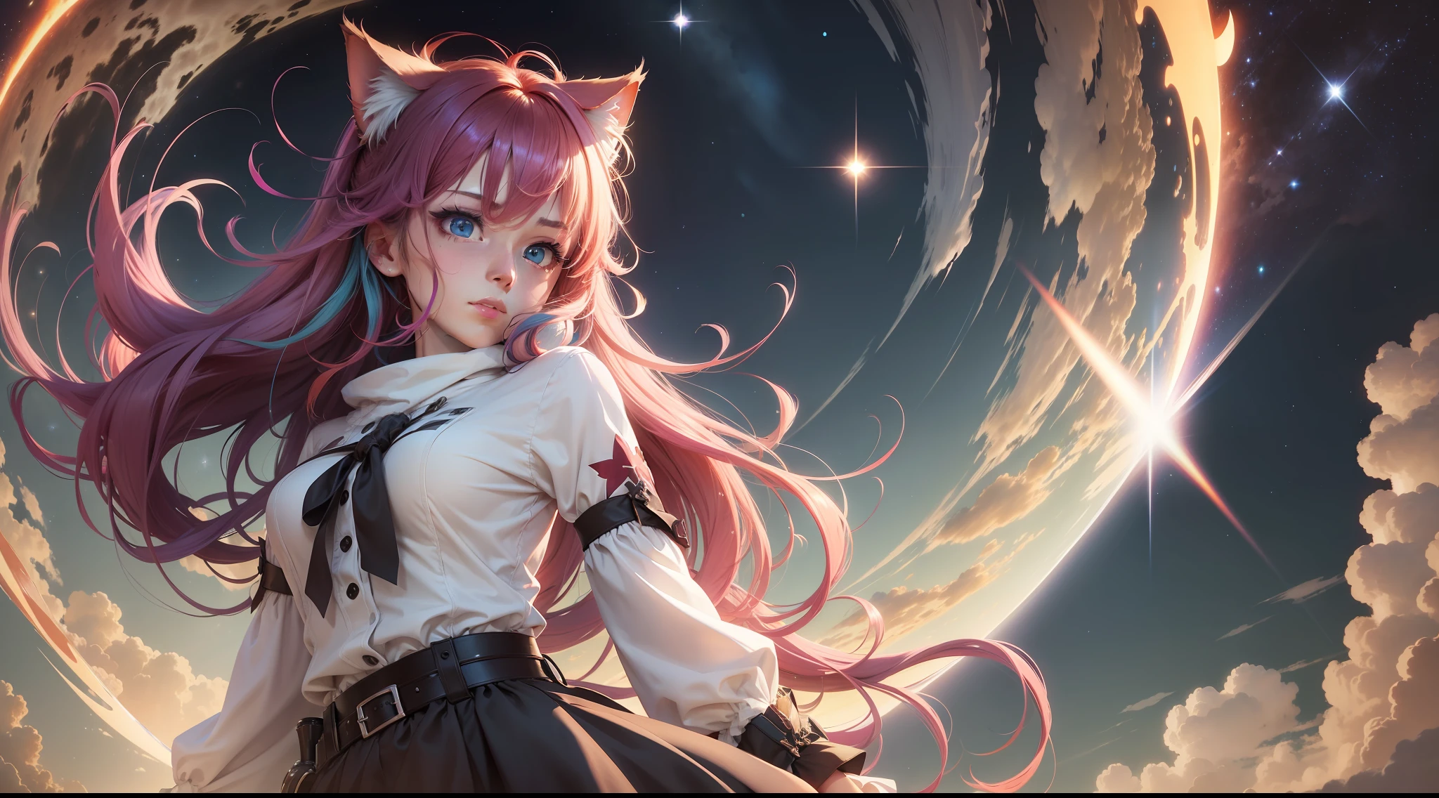 multicolored hair, multicolored hair, floating hair, The wind blows up the hair, The wind blows up the hair, The wind blows up the hair, hair bobbles, hair bobbles, mismatched pupils, aqua eyes, cat ears, frustrated, Standing under the starry sky, Standing under the starry sky, Standing under the starry sky, anime, ray tracing, reflection light, vignetting, sparkle, close-up, Wide-Angle, Wide-Angle, 1080P