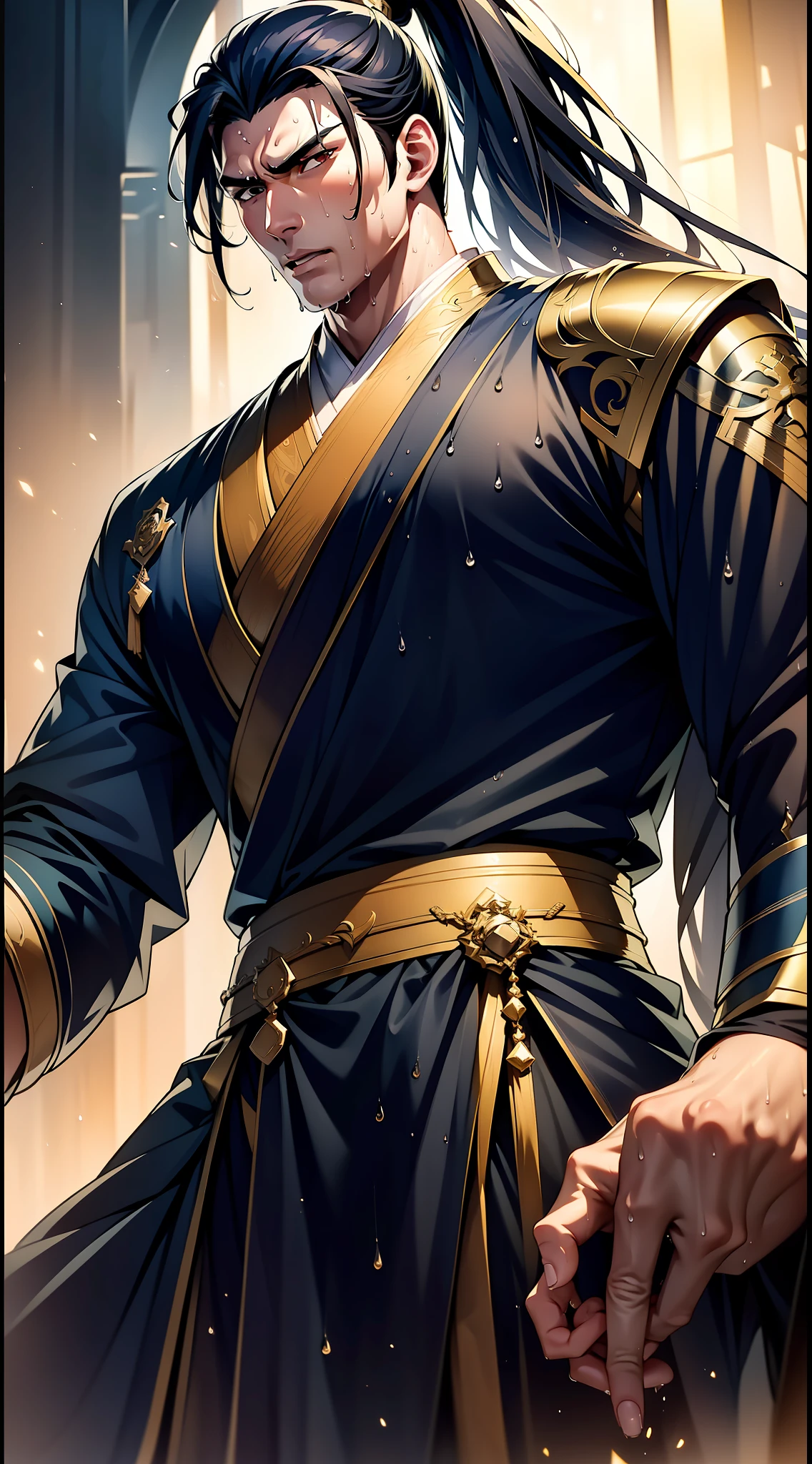 Two-dimensional, anime style, man (male warrior), muscle, correct proportions, face details, martial arts, high ponytail hairstyle, sweating, sweaty face, drooling, neck details, with Adam's apple, wet, wet, Hanfu costume, long robe, embroidered robe, dragon robe, clothing details, collar, long sleeves, game quality, swordsman demeanor, light and shadow tracing, ray tracing, detail glow, CG rendering, hair details, long black hair, golden eyes, sweaty face, handsome, handsome, sweat beads slipping down the neck, (juvenile feeling), complex clothing, wet, wet, perfect composition, refinement, high quality, more details, a lot of details, complex background, atmosphere,