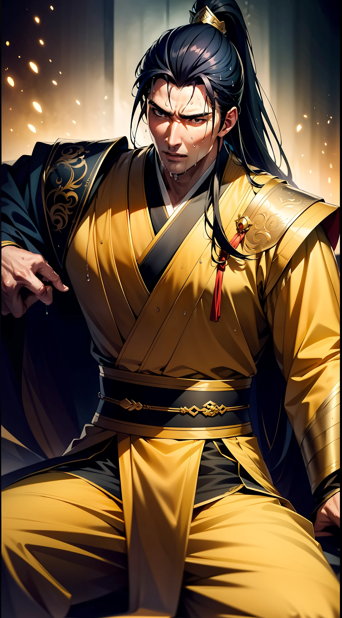 Two-dimensional, anime style, man (male warrior), muscle, correct proportions, face details, martial arts, high ponytail hairstyle, sweating, sweaty face, drooling, neck details, with Adam's apple, wet, wet, Hanfu costume, long robe, embroidered robe, dragon robe, clothing details, collar, long sleeves, game quality, swordsman demeanor, light and shadow tracing, ray tracing, detail glow, CG rendering, hair details, long black hair, golden eyes, sweaty face, handsome, handsome, sweat beads slipping down the neck, (juvenile feeling), complex clothing, wet, wet, perfect composition, refinement, high quality, more details, a lot of details, complex background, atmosphere,