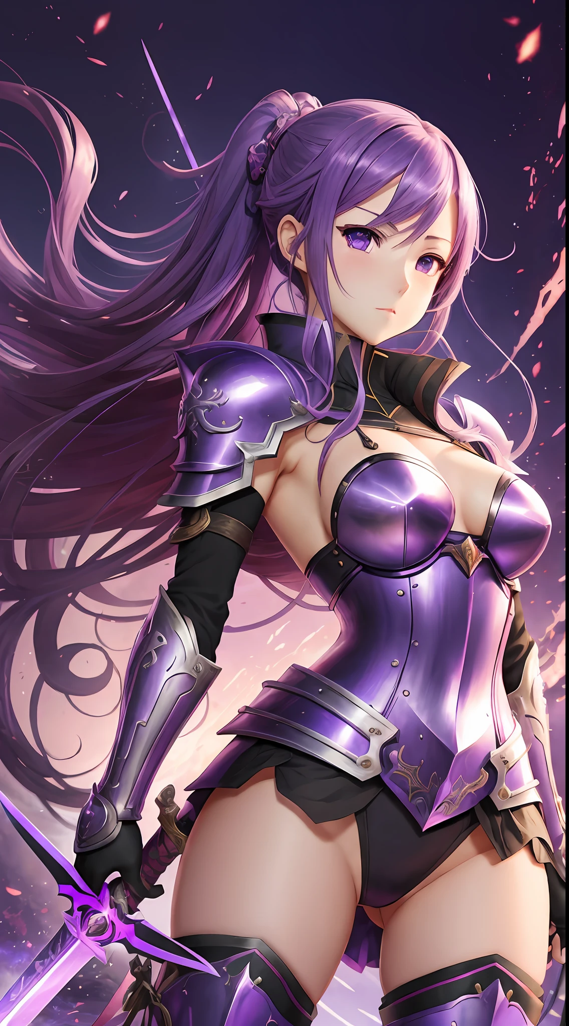anime girl with sword and armor in a purple background, an anime drawing by Shitao, pixiv, auto-destructive art, badass anime 8 k, best anime 4k konachan wallpaper, seductive anime girl, female action anime girl, cushart krenz key art feminine, anime art wallpaper 4k, anime art wallpaper 4 k --auto --s2
