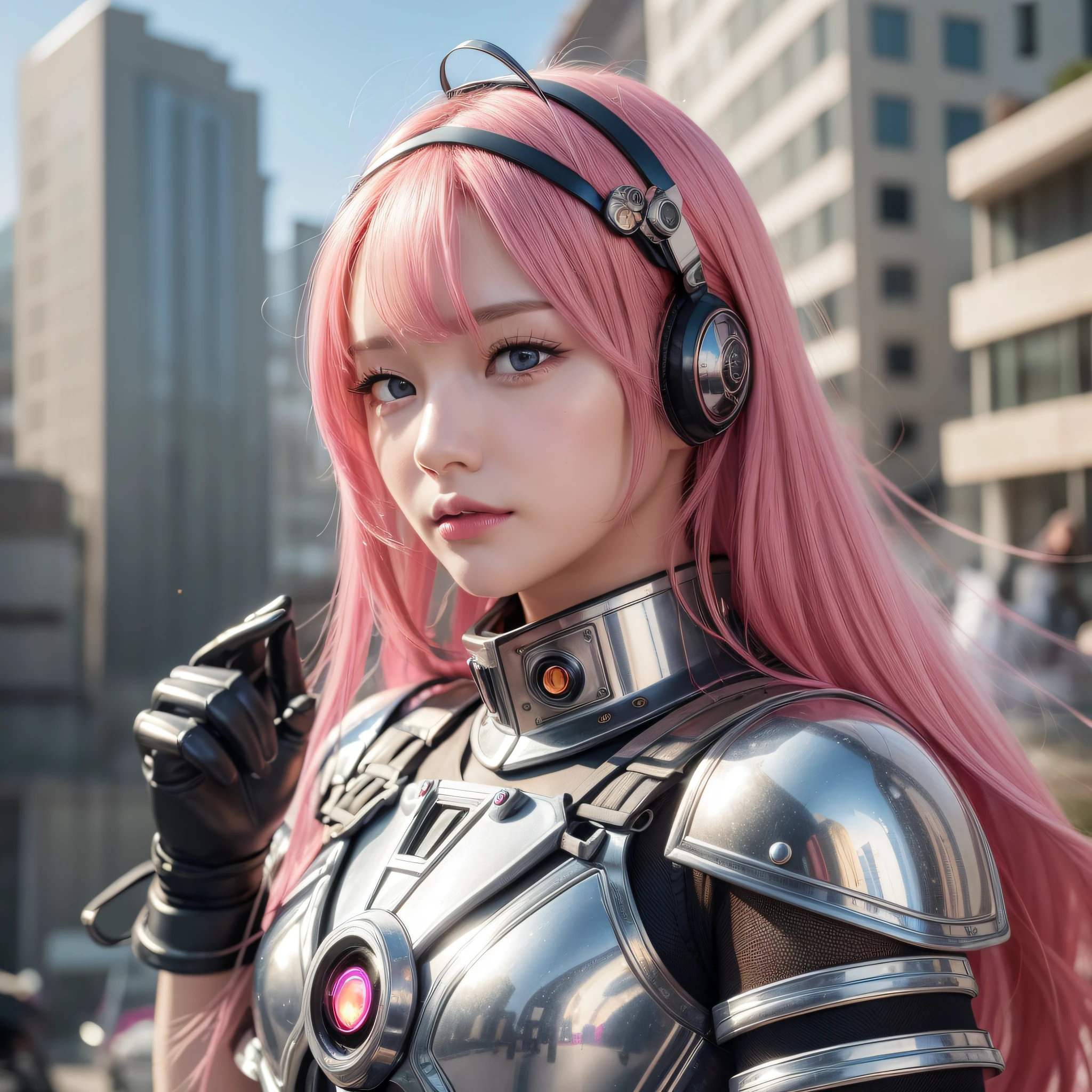 (Masterpiece, Absurdity, Top Quality: 1.4), (Photorealistic: 1.6), 8k, RAW, Texture, (Professional Lighting: 1.4), (Film Lighting), Depth of Field, Beautiful Detailed Shine, Lens Flare, Light Particles, Sharp Focus, Dynamic Pose, (Post-War: 1.4), Morning, (Ruined City, Ruined City, Flower: 1.4), Beautiful Sunset Sky, Clouds, Wind, Robot Bug, Robot Butterfly, Reflection, (Robot, Mecha: 1.2), Robot Commander, (Detailed Armored Dress, Illuminated Armor, Trimmed Gear: 1.6), Weapon, (1 Girl), Solo, Makeup, Moe, Parted Lips, Hands in Their Own Hair, (View Viewer: 1.2), Beautiful Detailed Girl, Highly Detailed Eyes and Face, Beautiful Detailed Eyes, (Pink Hair: 1.3), (Long Hair: 1.4) , (Floating hair: 1.4), hair band,