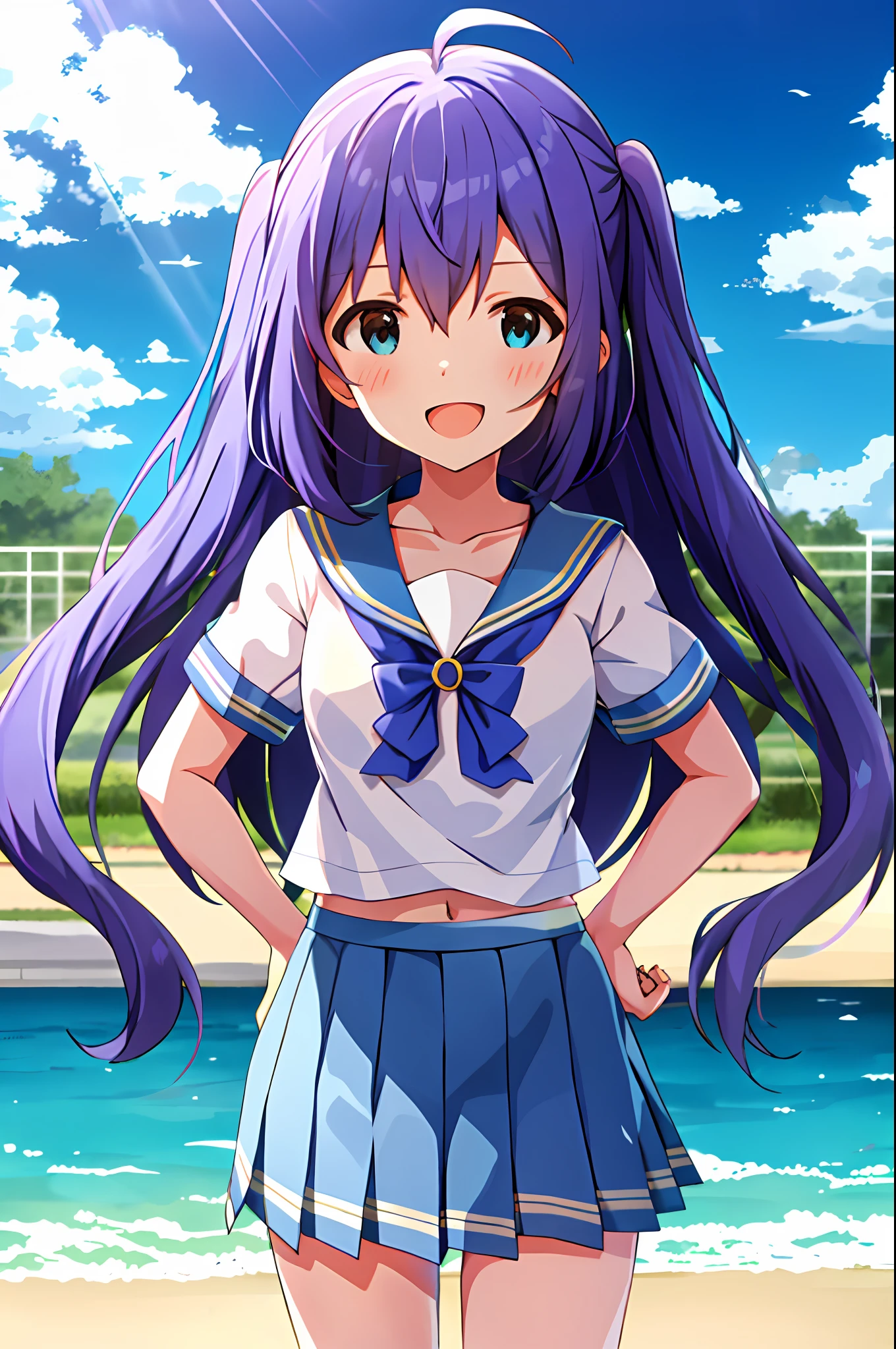 Anna Mochizuki (Million Live), Shiny Trinity \ (Costume), (Best Quality, 8K, Masterpiece, Super Detail: 1.2), Sea, Sun, Mottled Sunlight, Blue Sky, Beautiful Clouds, 1 Girl, Solo, Skirt, Smile, Open Mouth, V, Watch Viewer, White Sailor Color, Blue Shirt, Sailor Color, Blue Skirt, Pleated Skirt, Short Sleeve, :d, Shirt, School Uniform, Blush, Serafuk, Clavicle, bow, ribbon, blue bow.