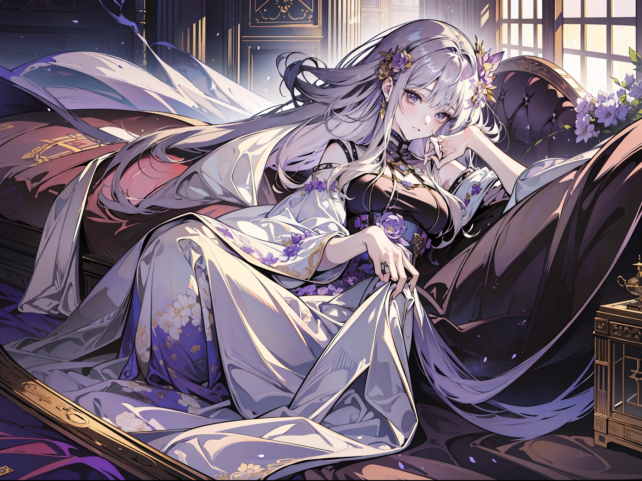 (absurd, high resolution), (panorama), ccurate, anime, high detail, a woman, mature, beautiful, tall, queen's dress, lilac complex dressed, exquisite, brown eyes, pale blonde hair, silver crown on the head, serious, in the palace, magical, antique, lying in bed, baby, vista