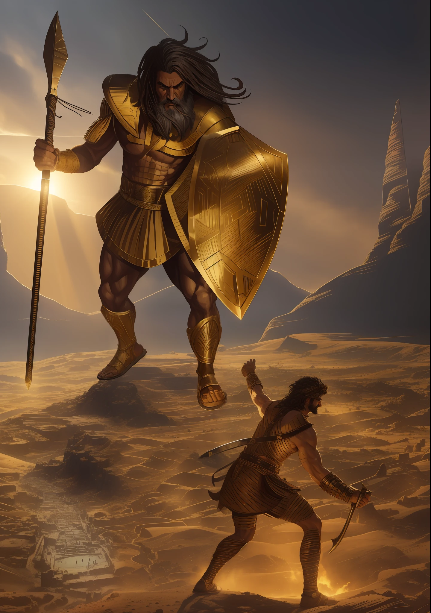 a masterpiece of one man and another giant man fighting in a desert, David and Goliath, epic biblical depiction, painting of Goliath, Spartan warrior, by Exekias, epic art, epic scene of Zeus, epic wallpaper of graphic novel, digital painting of Greek myth, by Emiliano Di Cavalcanti, epic illustration, ancient soldier, epic battle scene,  by Matt Stewart, "(intricate details: 1.2, perfect features: 1.2, dramatic: 1.2, cinematic lighting: 1.3, accent lighting: 1.1) SSAA smooth rendering, no noise, testp-air 2-3 video, (no lary prompts: 0.8)"