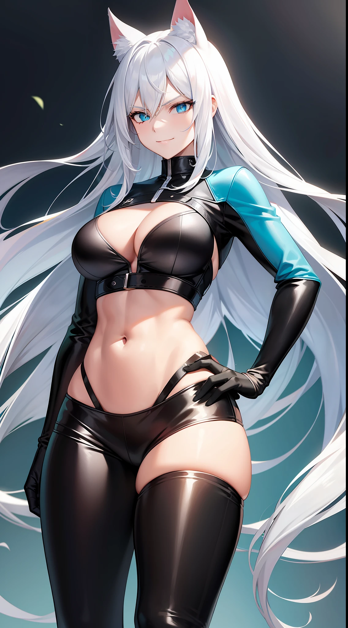 Adult woman, long white hair, cat ears, blue eyes, muscles, turquoise top, leather pants, leather armor, open belly, smirk, sword, masterpiece, high quality