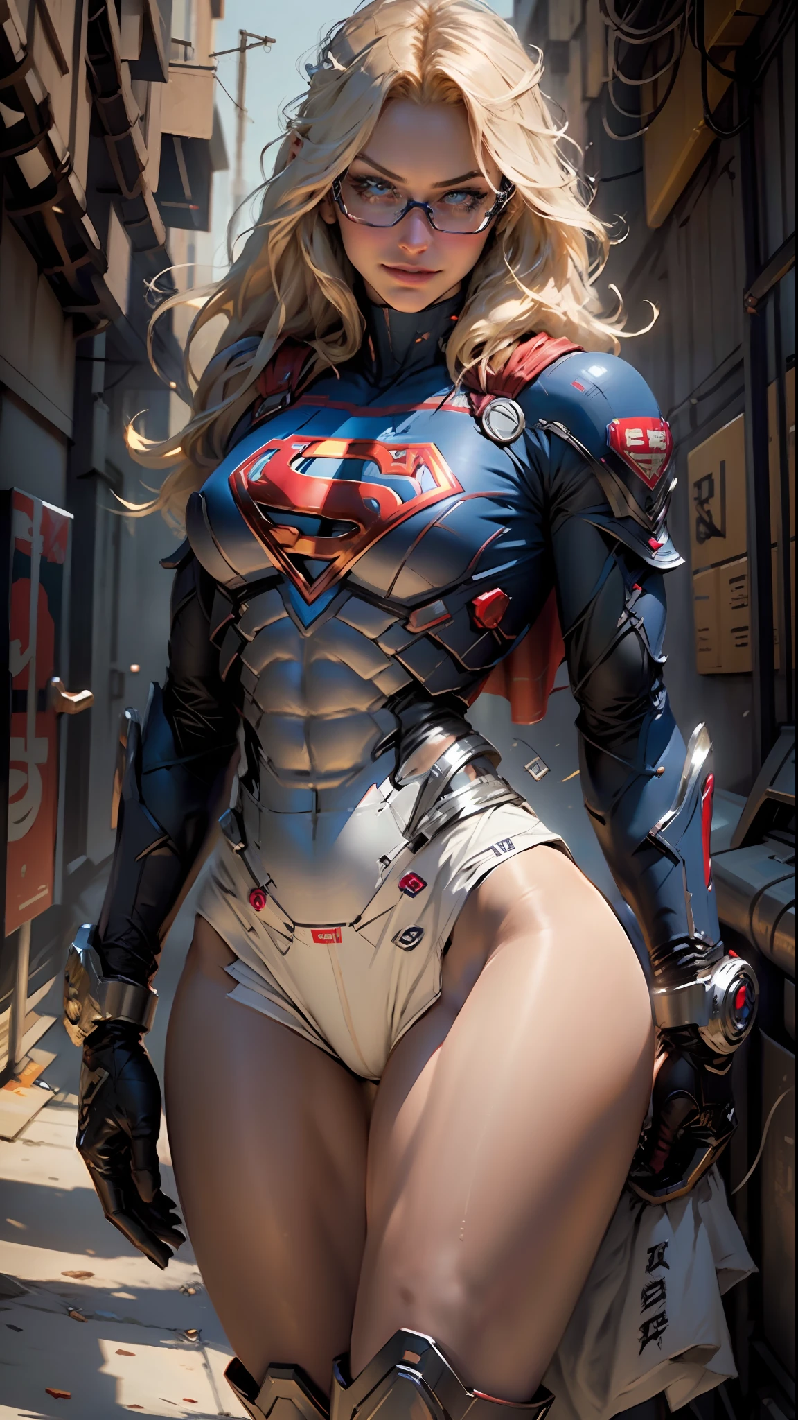 Supergirl body set thick thighs cybernetic body parts, short underwear, blonde with blue eyes, superman S symbol on the chest, detailed face, gorgeous, gorgeous and sexy smile, glasses, holding a gun.