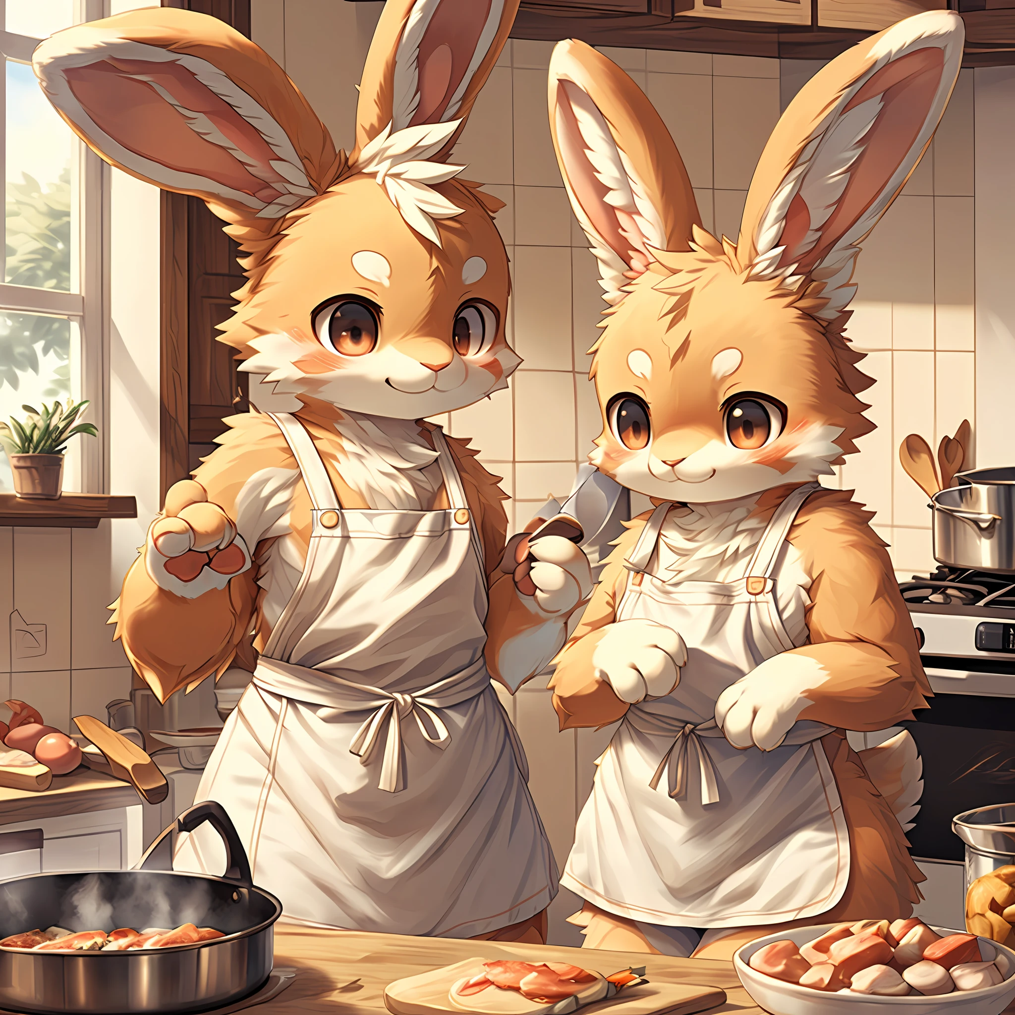best quality, (Highly Detailed Beautiful Face and Eyes)absurdres, Perfect Anatomy((furry, angelic cute 1girl))(((furry, kemono)))(furry anthro:1.7)((rabbit Facial Features, rabbit Body Features))((rabbit ears, Highly Detailed Body Fur))chibi, summer, kitchen, frilled apron,upper body, cooking, joyful smile,