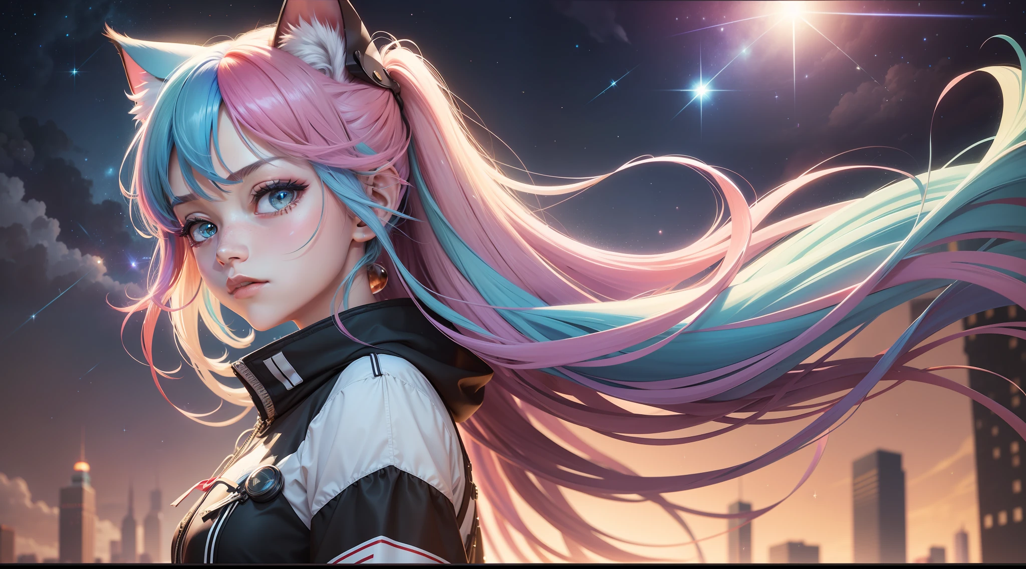multicolored hair, multicolored hair, floating hair, The wind blows up the hair, The wind blows up the hair, The wind blows up the hair, hair bobbles, hair bobbles, mismatched pupils, aqua eyes, cat ears, frustrated, Standing under the starry sky, Standing under the starry sky, Standing under the starry sky, anime, ray tracing, reflection light, vignetting, sparkle, close-up, Wide-Angle, Wide-Angle, 1080P