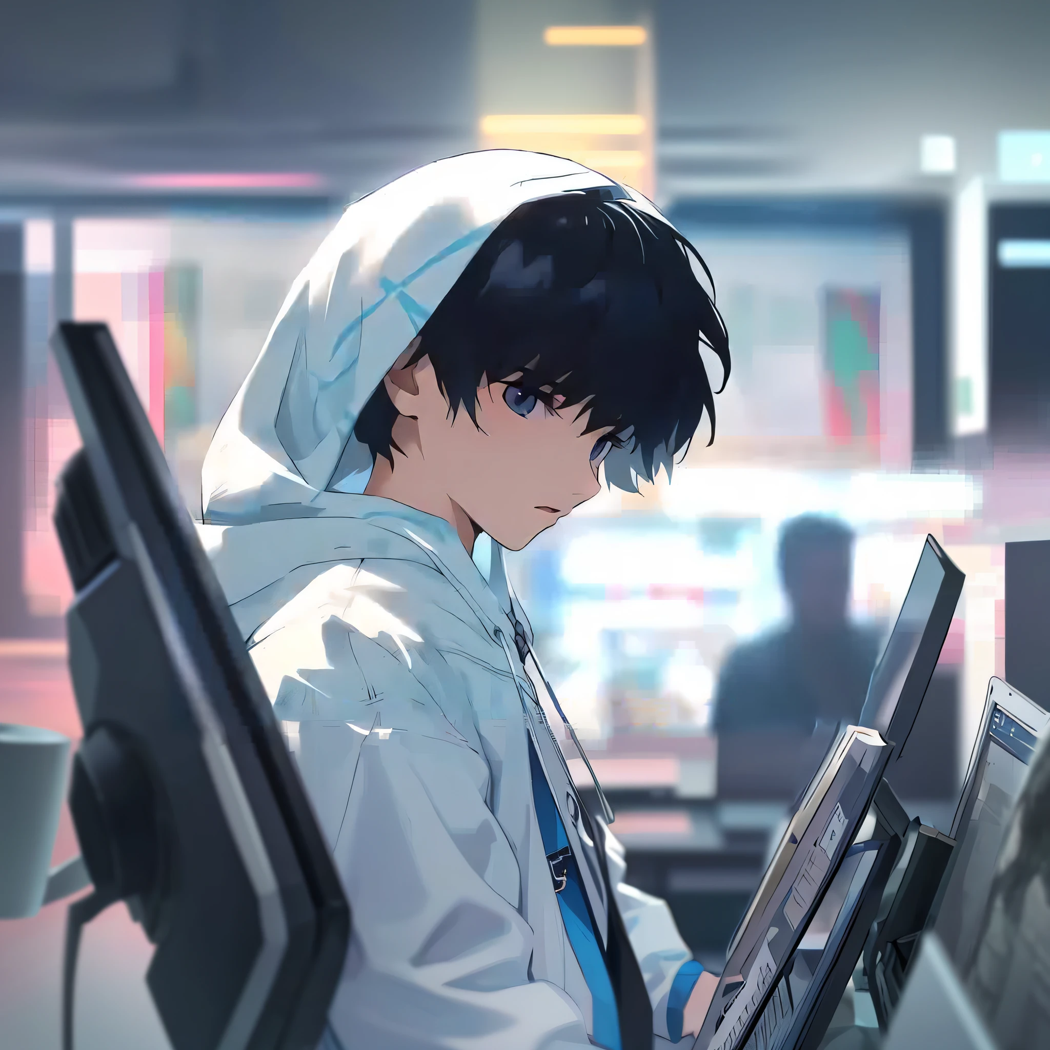 anime boy in a white hoodie sitting in front of a computer, anime art wallpaper 8 k, anime style 4 k, artwork in the style of guweiz, 4k anime wallpaper, anime wallpaper 4 k, anime wallpaper 4k, anime art wallpaper 4k, anime art wallpaper 4 k, badass anime 8 k, digital anime illustration, 4 k manga wallpaper