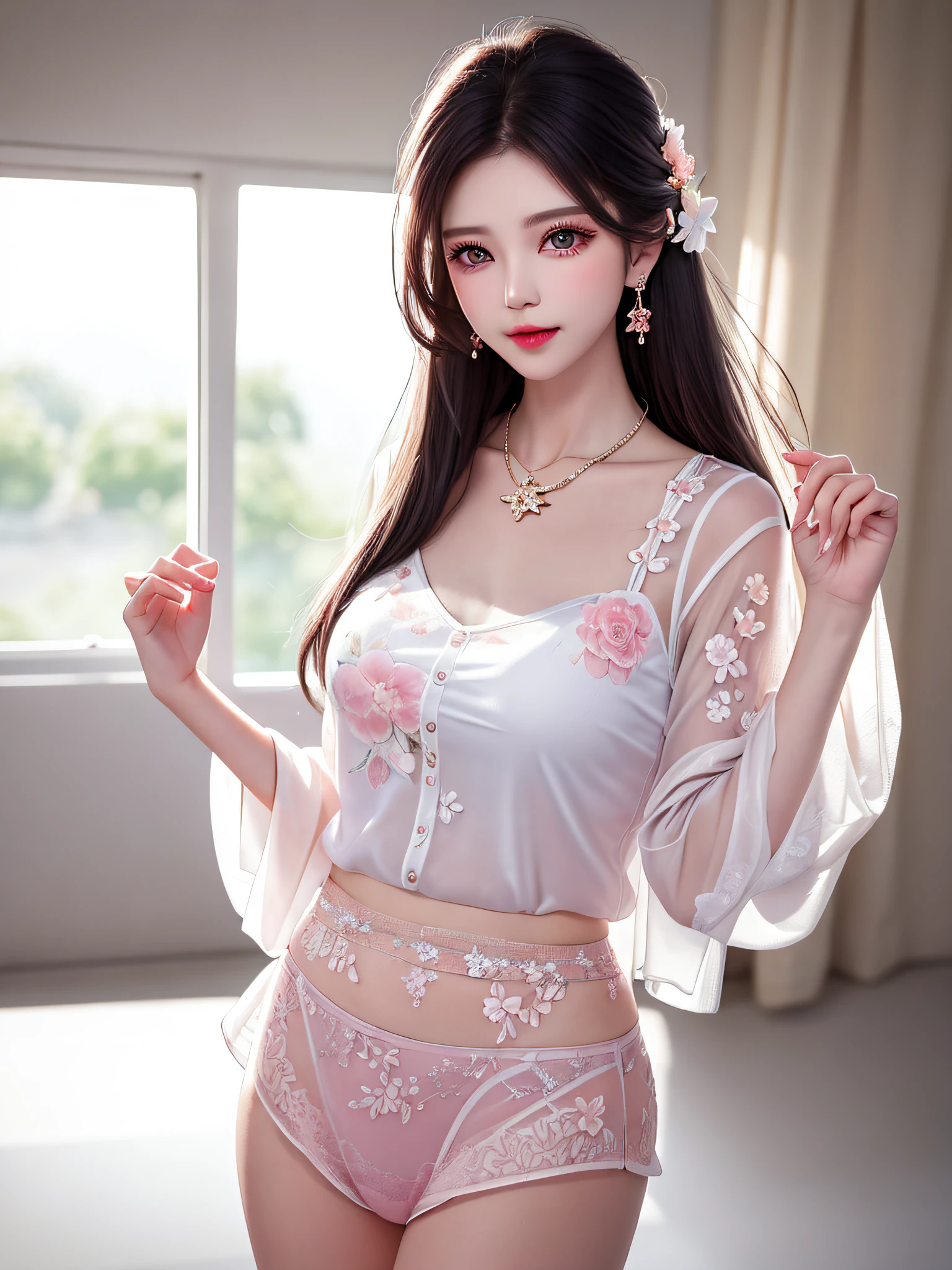 Female teacher standing in classroom v6, necklace, earrings, full body v6, long gray hair, translucent clothes, visible, superb, ultra high definition, RAW photo, realism 1.25), (bright lip gloss, long eyelashes, smooth) face, bright skin, natural shadows, wide light, wide light, depth of field, strong color, subtle caustics: 0.8), smile, (big), v6, sexy pose, back figure, Look at the window, ((white sheer blouse, light pink floral panties))