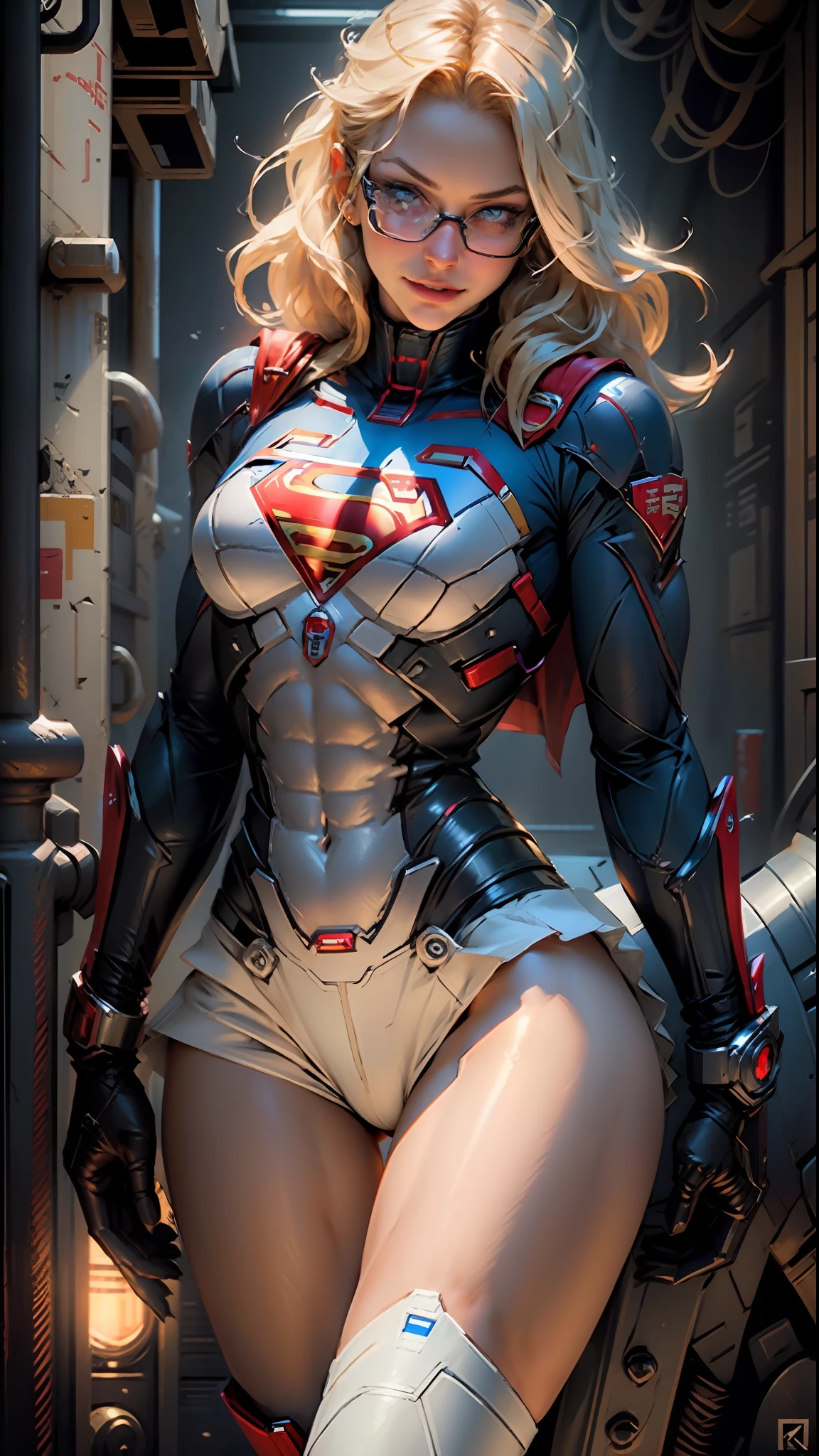 Supergirl body set thick thighs cybernetic body parts, short underwear, blonde with blue eyes, superman S symbol on the chest, detailed face, gorgeous, gorgeous and sexy smile, glasses, holding a gun.