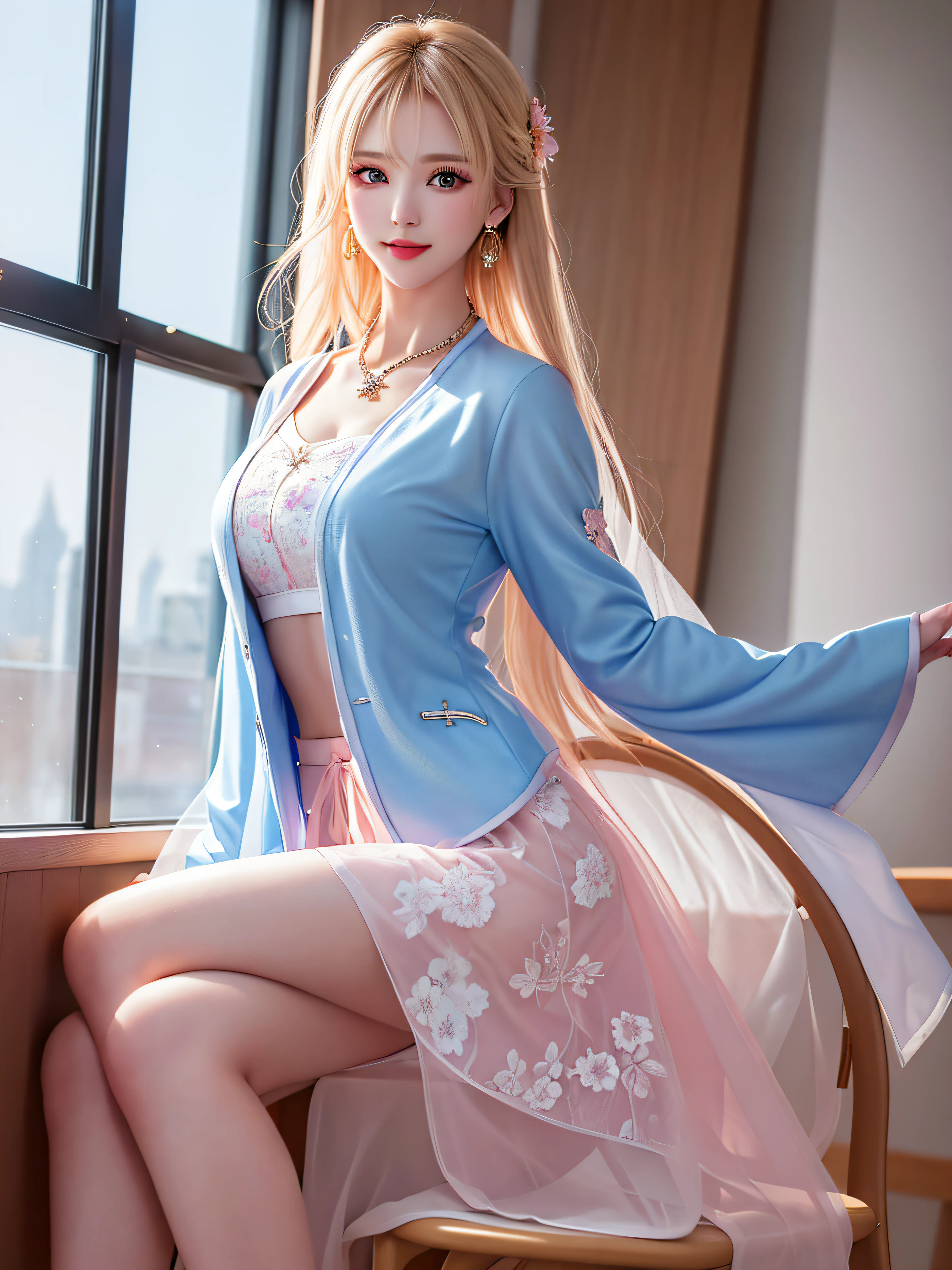 (legs open on classroom chair)), Female Teacher v6, Necklace, Earrings, Full Body V6, Long Gray Hair, Translucent Clothes, Look, Superb, Ultra High Definition, RAW Photography, Realism 1.25), (Bright Lip Gloss, Long Eyelashes, Smooth) Face, Light Bright, Natural Shadows, Wide Light, Wide Light, Depth of Field, Intense Colors, Subtle Caustics: 0.8), Smile, (Big), v6, There are windows showing different buildings in the city (absurdity, high resolution, super detail), smile, (big), v6 ((Adriaan Honig))) girl with blonde hair and blue eyes, beautiful, thin, sexy pose, back figure, gaze is window side, ((dark blue jacket front opening, white sheer blouse, light pink floral panties, no skirt))