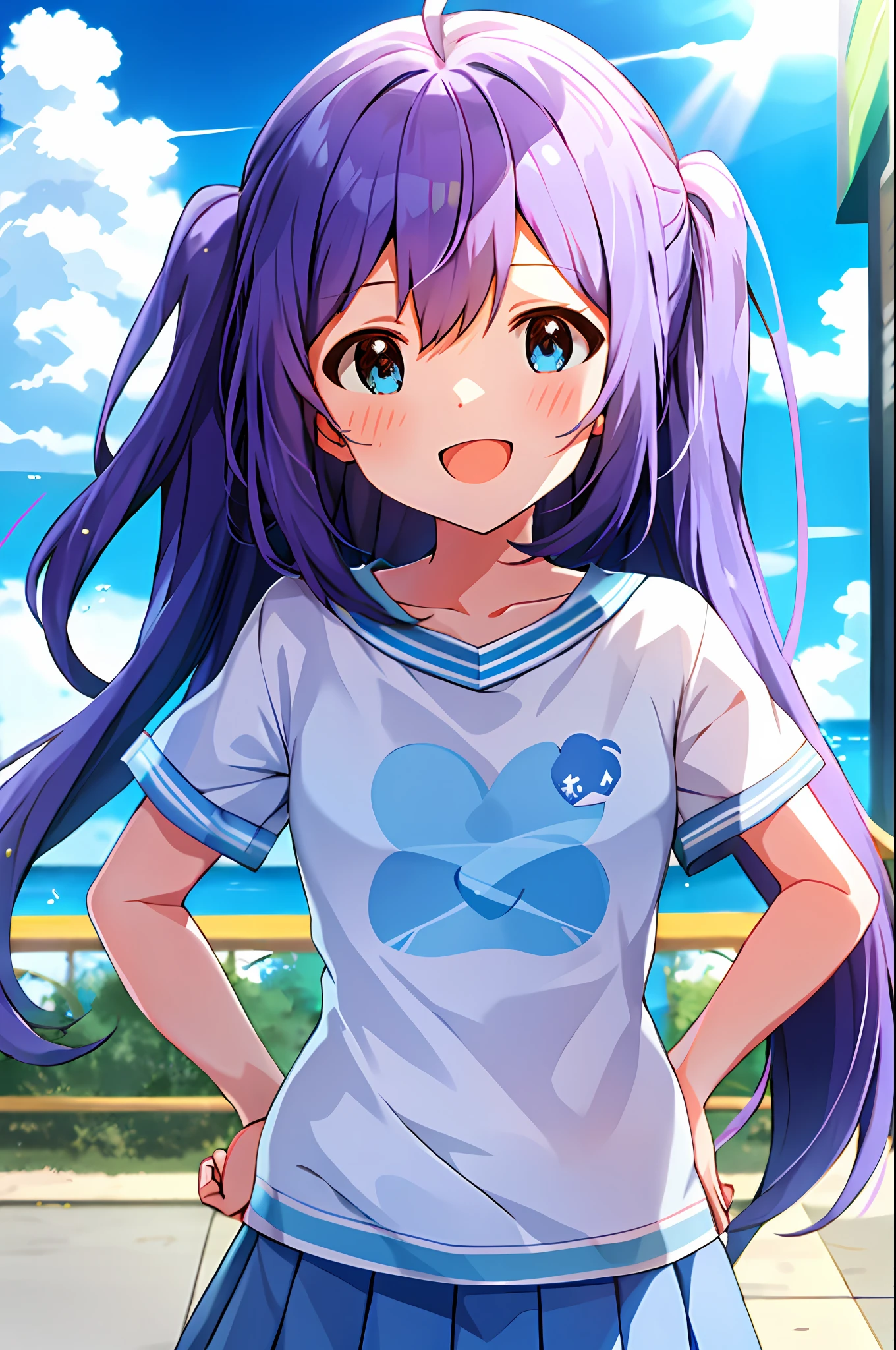 Anna Mochizuki (Million Live), Shiny Trinity \ (Costume), (Best Quality, 8K, Masterpiece, Super Detail: 1.2), Sea, Sun, Mottled Sunlight, Blue Sky, Beautiful Clouds, 1 Girl, Solo, Skirt, Smile, Open Mouth, V, Watch Viewer, White Sailor Color, Blue Shirt, Sailor Color, Blue Skirt, Pleated Skirt, Short Sleeve, :d, Shirt, School Uniform, Blush, Serafuk, Clavicle, bow, ribbon, blue bow.