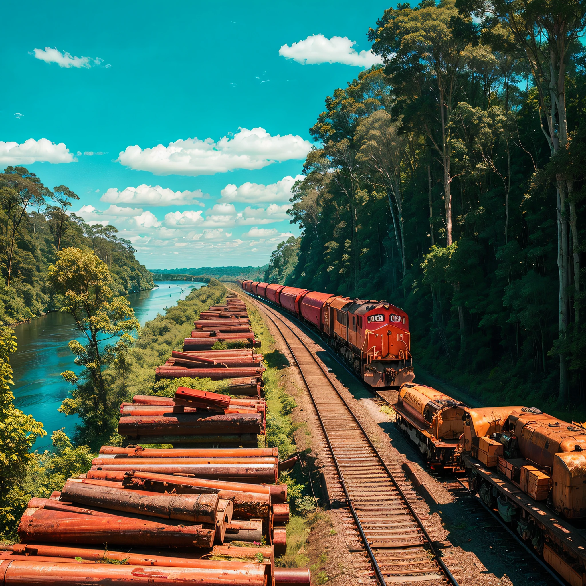 freight train on a sunny day in a lush landscape