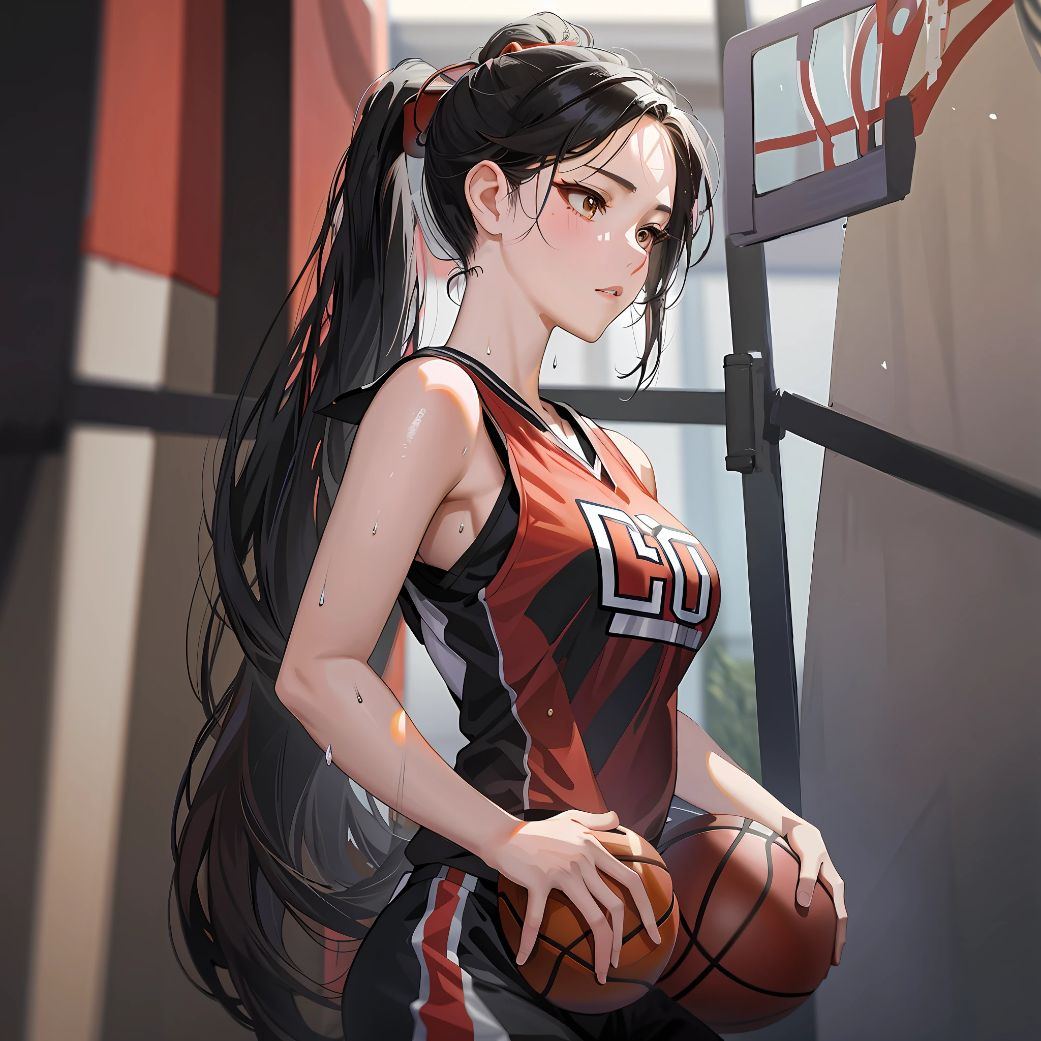 anime girl with ponytail holding basketball ball in front of a basketball hoop, by Yang J, artwork in the style of guweiz, digital anime illustration, trending on cgstation, inspired by Zou Yigui, detailed digital anime art, inspired by Yao Tingmei, guweiz, marin kitagawa fanart, high quality fanart, wearing basketball jersey