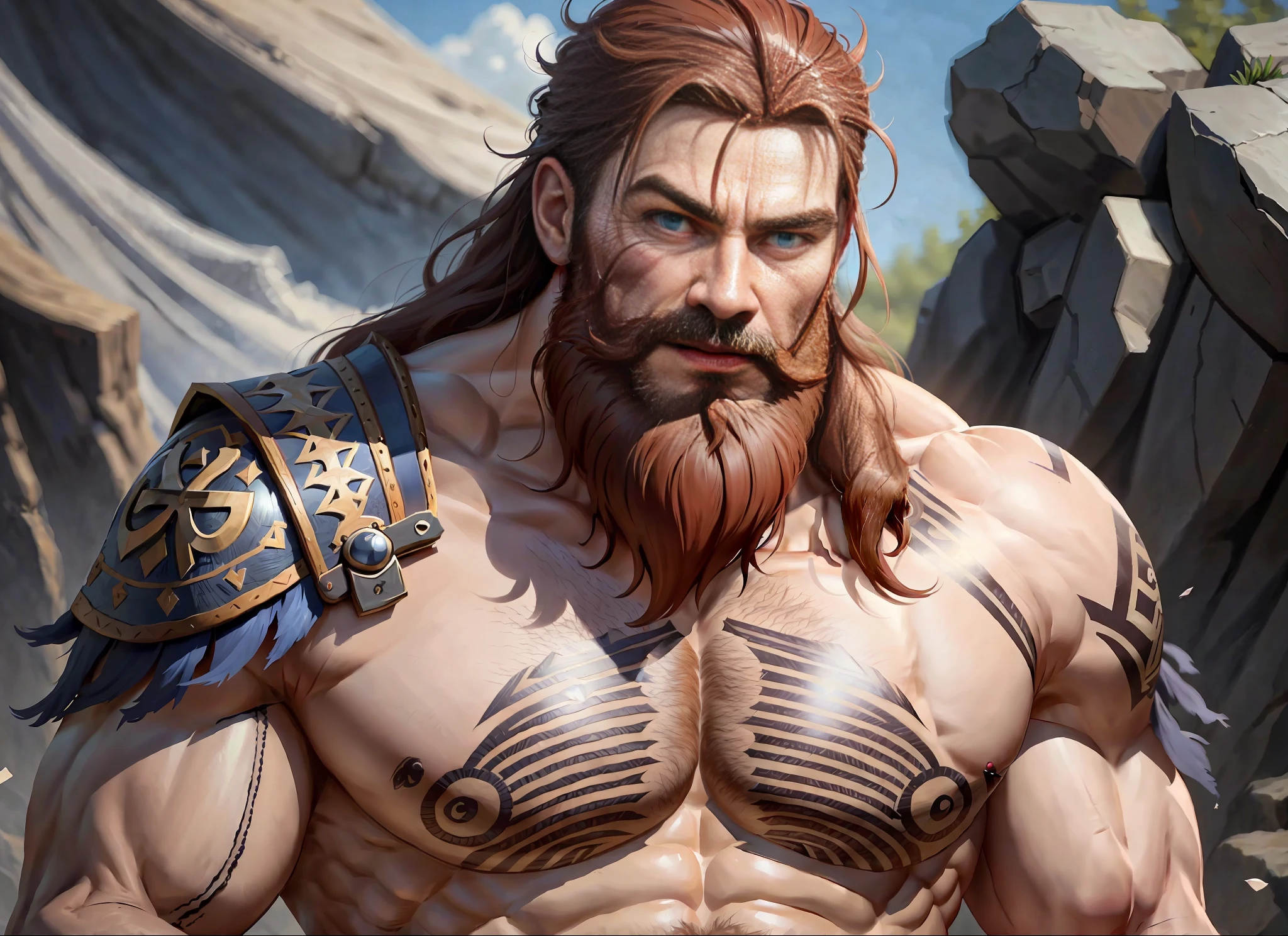 A Viking in very expressive cartoon, light and detailed blue eyes, reddish brown hair, long beard, athletic physical body, mustache, smile, highly detailed face, pectoral partially shows with subtle body hair, runic tattoos on the body, beasecker Viking warrior clothing, detailed and beautiful nipple, highly detailed and manly body. NSFW style, with NUDITY