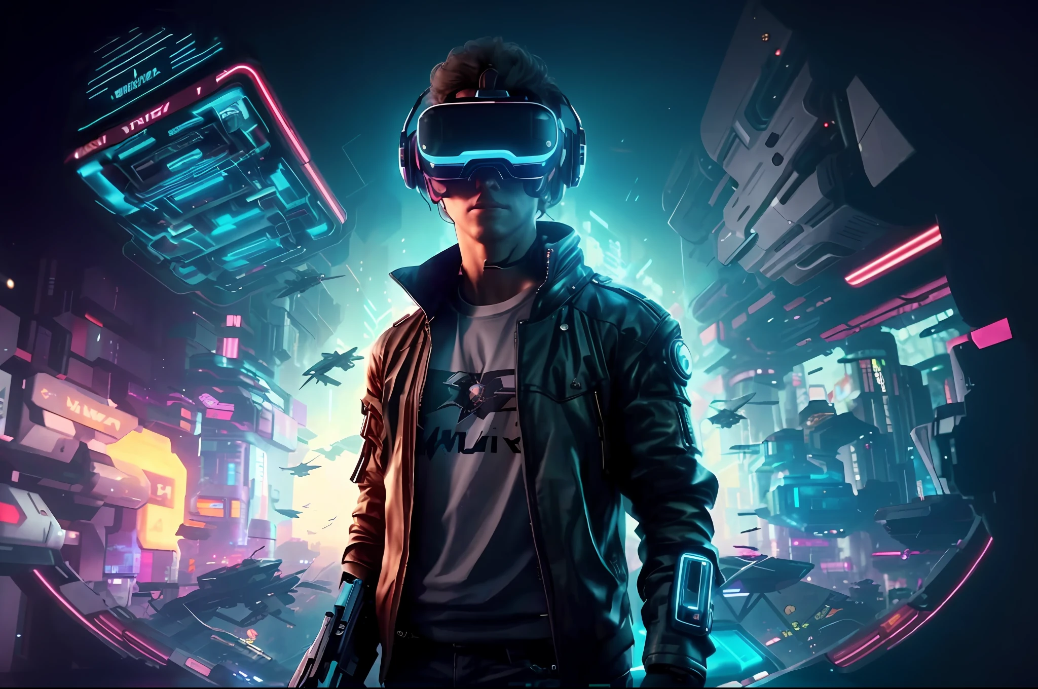 A man in a white mechanical suit and glasses standing in front of futuristic city, VR game, cyberpunk atmosphere, cyberpunk atmosphere, deep into the metaverse where we go, there is cyberpunk style, cyberpunk theme, in cyberpunk 2077, cyberpunk futuristic, cyberpunk future, synthwave, wearing cyberpunk streetwear, futuristic cyberpunk, cyberpunk technology, retro cyberpunk, synthwave style
