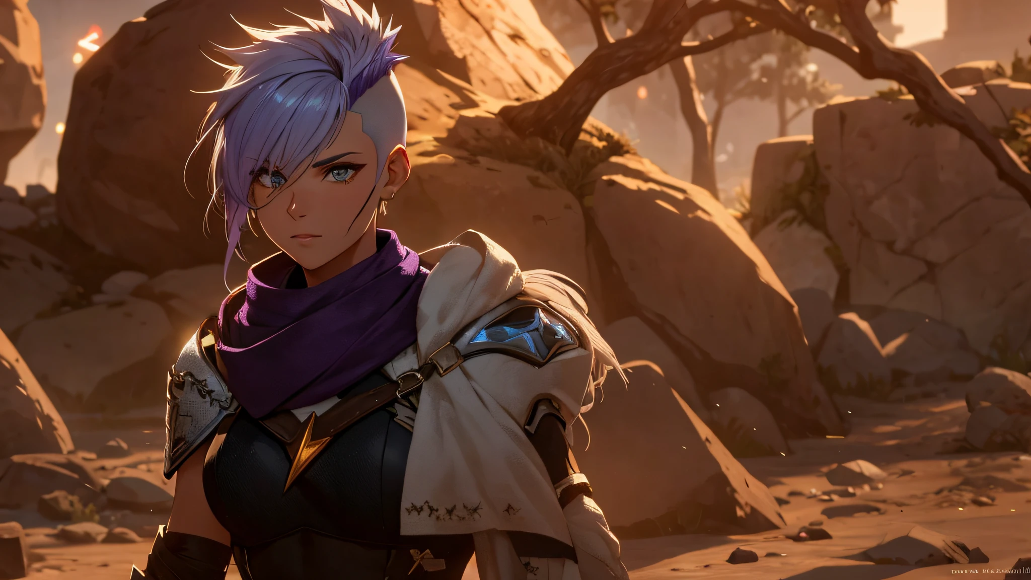 there is a woman with a white mohawk and a purple scarf, 2020 video game screenshot, video game screenshot>, shot from cinematic, female lightning genasi, cinematic backlighting, cinematic bust shot, detailed cinematic shot, with cinematic lighting,shaved sides of hair
