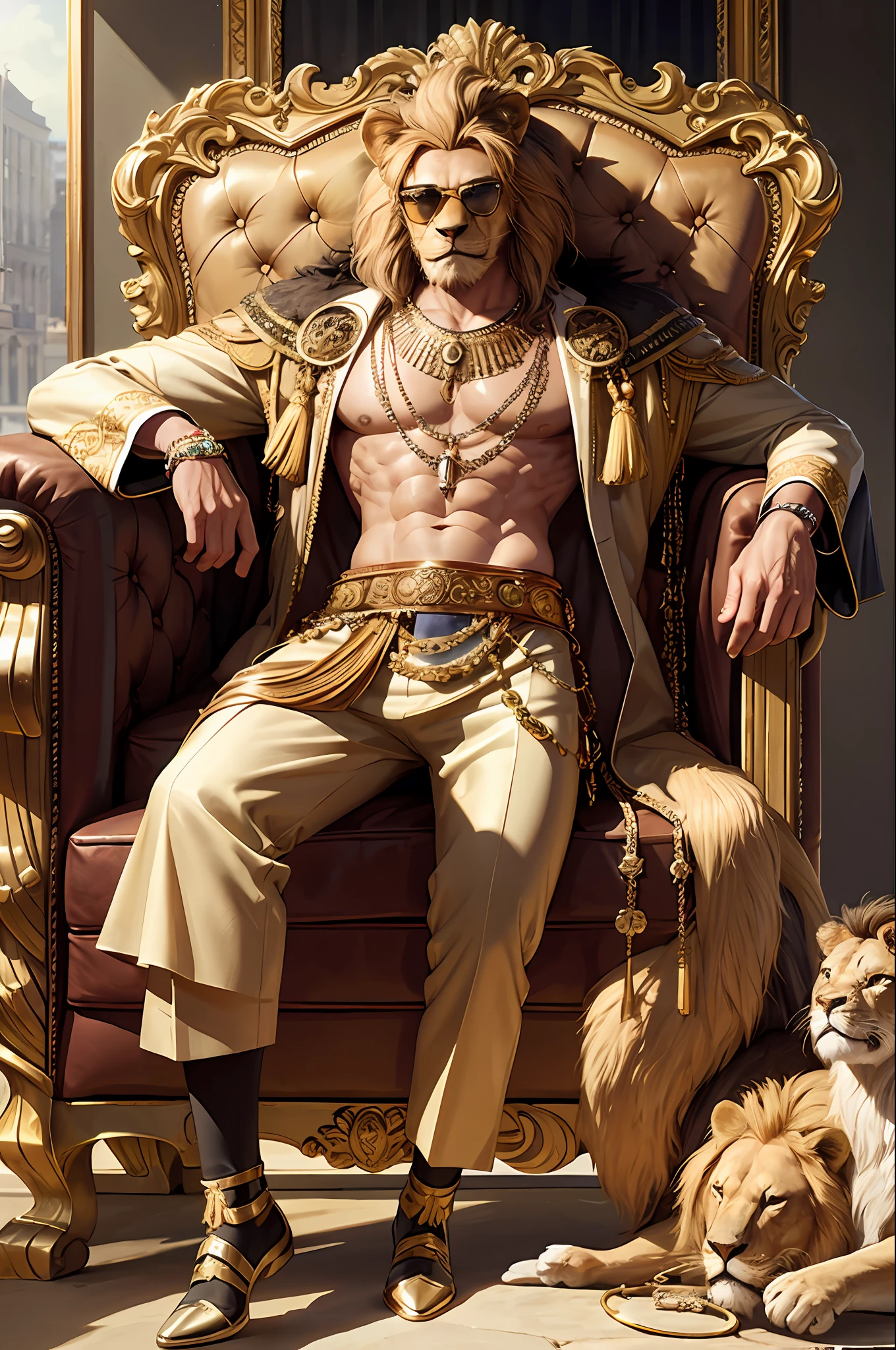 masterpiece, best quality, realistic, fashion lion, big lion, human lion's head, glasses on head, gear, gemstone, sunglasses, gold, jewelry, magic circle, male_focus, pants, shoes, sunglasses, tassel, throne,
