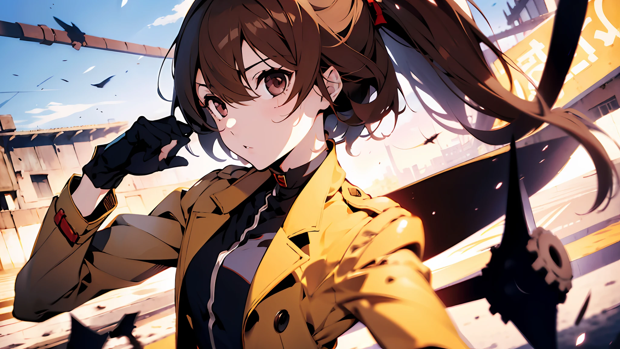 1girl, (solo:1.2), ((masterpiece)), (shadow), [slim], (small breasts), ((sharp focus)), pale skin, ((detailed eyes)), (blurry background), (dynamic angle), dynamic pose, gloves, akechi gorou, brown overcoat, brown hair, medium hair