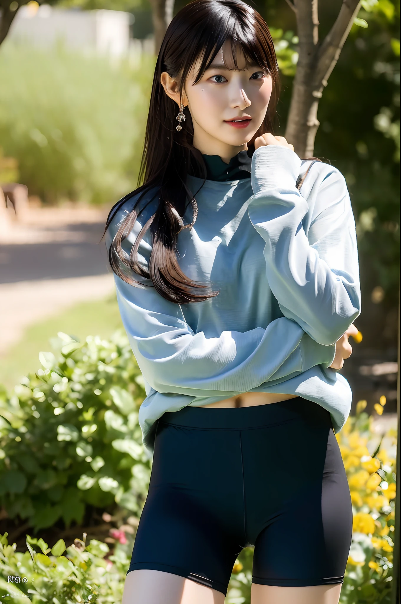 masterpiece, masterpiece, best quality, best quality, real, unity, 8k wallpaper, official art, highly detailed cg unity 8k wallpaper, ulzzang-6500, one girl, cute, professional lighting, ((long black spandex shorts: 1.37)), long hair, disheveled hair, (original: 1.2), (real: 1.4), ultra detailed, high resolution, ultra detailed, fantastic, Fine details, cinematic lighting, simple costumes, detailed clothing textures, (8k, RAW photos, highest quality, masterpiece: 1.27), (realistic, photorealistic: 1.37), physically based rendering, handsome, masterpiece, highest quality, high resolution,
