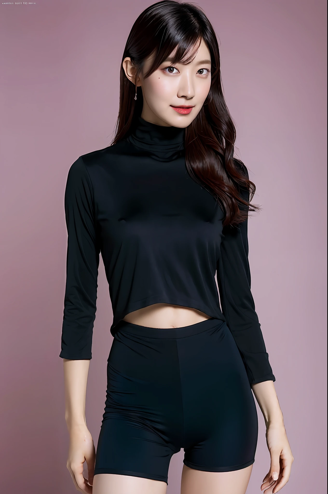 masterpiece, masterpiece, best quality, best quality, real, unity, 8k wallpaper, official art, highly detailed cg unity 8k wallpaper, ulzzang-6500, one girl, cute, professional lighting, ((long black spandex shorts: 1.37)), long hair, disheveled hair, (original: 1.2), (real: 1.4), ultra detailed, high resolution, ultra detailed, fantastic, Fine details, cinematic lighting, simple costumes, detailed clothing textures, (8k, RAW photos, highest quality, masterpiece: 1.27), (realistic, photorealistic: 1.37), physically based rendering, handsome, masterpiece, highest quality, high resolution,