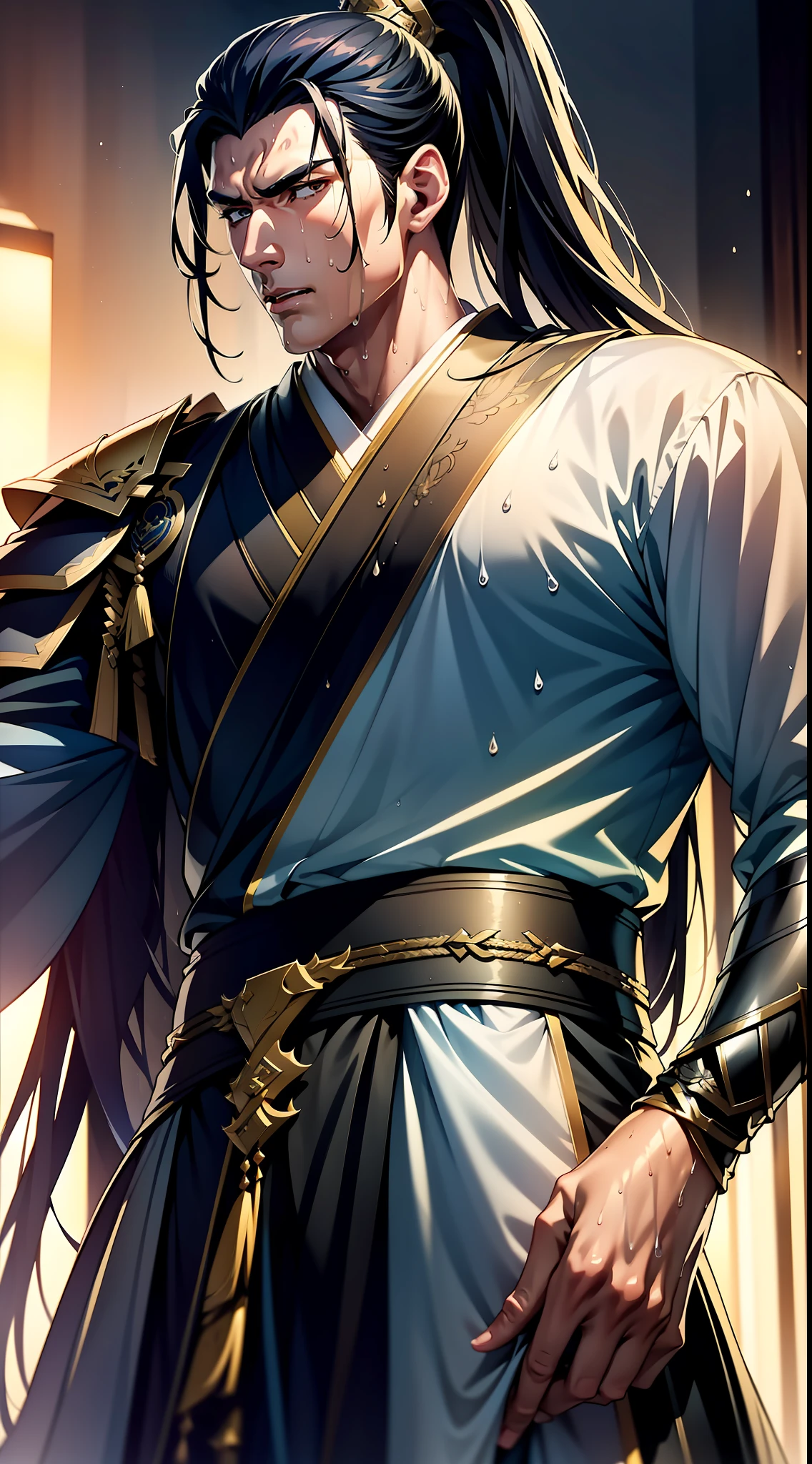 Two-dimensional, anime style, man (male warrior), muscle, correct proportions, face details, martial arts, high ponytail hairstyle, sweating, sweaty face, drooling, neck details, with Adam's apple, wet, wet, Hanfu costume, long robe, embroidered robe, dragon robe, clothing details, collar, long sleeves, game quality, swordsman demeanor, light and shadow tracing, ray tracing, detail glow, CG rendering, hair details, long black hair, golden eyes, sweaty face, handsome, handsome, sweat beads slipping down the neck, (juvenile feeling), complex clothing, wet, wet, perfect composition, refinement, high quality, more details, a lot of details, complex background, atmosphere,