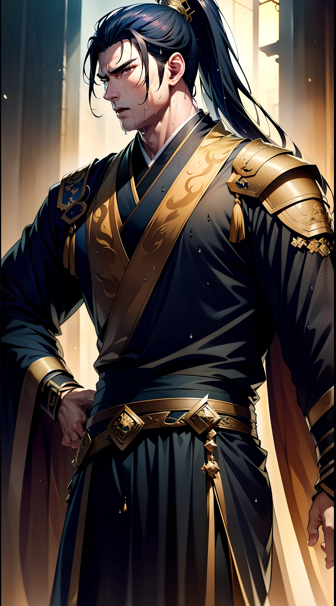 Two-dimensional, anime style, man (male warrior), muscle, correct proportions, face details, martial arts, high ponytail hairstyle, sweating, sweaty face, drooling, neck details, with Adam's apple, wet, wet, Hanfu costume, long robe, embroidered robe, dragon robe, clothing details, collar, long sleeves, game quality, swordsman demeanor, light and shadow tracing, ray tracing, detail glow, CG rendering, hair details, long black hair, golden eyes, sweaty face, handsome, handsome, sweat beads slipping down the neck, (juvenile feeling), complex clothing, wet, wet, perfect composition, refinement, high quality, more details, a lot of details, complex background, atmosphere,