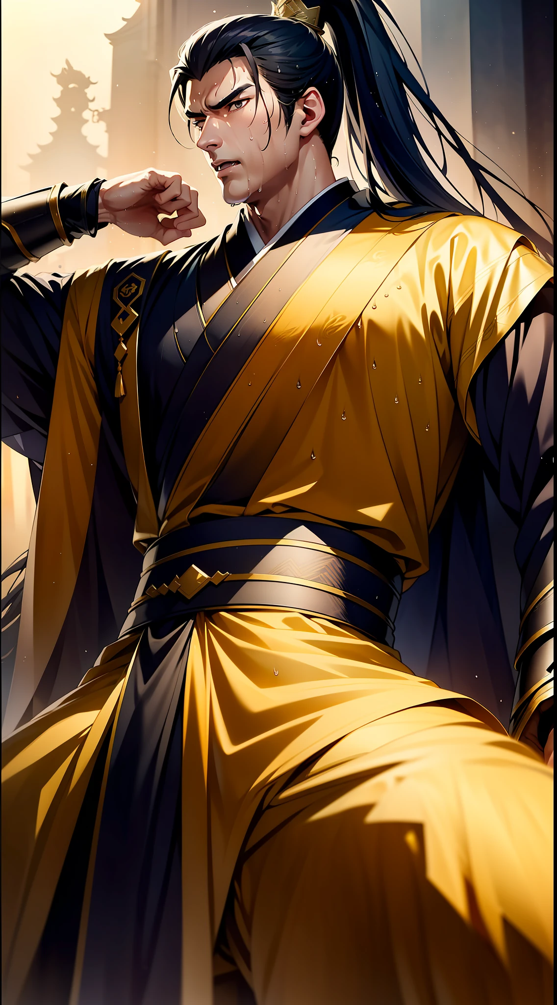 Two-dimensional, anime style, man (male warrior), muscle, correct proportions, face details, martial arts, high ponytail hairstyle, sweating, sweaty face, drooling, neck details, with Adam's apple, wet, wet, Hanfu costume, long robe, embroidered robe, dragon robe, clothing details, collar, long sleeves, game quality, swordsman demeanor, light and shadow tracing, ray tracing, detail glow, CG rendering, hair details, long black hair, golden eyes, sweaty face, handsome, handsome, sweat beads slipping down the neck, (juvenile feeling), complex clothing, wet, wet, perfect composition, refinement, high quality, more details, a lot of details, complex background, atmosphere,