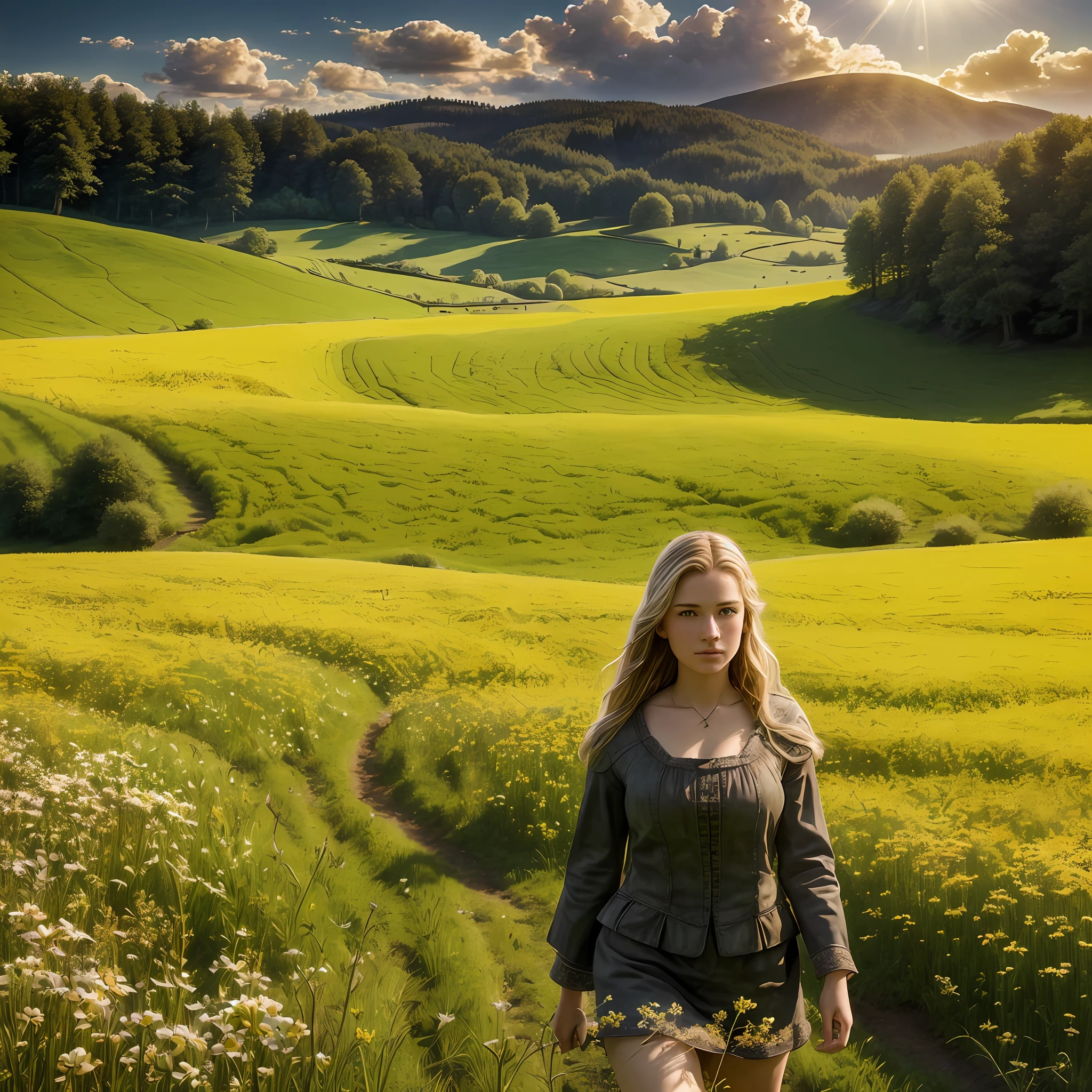 (realistic:1.3), finely detailed, quality, rembrandt lighting, (masterpiece:1.2), (photorealistic:1.2), (best quality), (detailed skin:1.3), (intricate details), dramatic, ray tracing, 1girl, american white girl, blonde hair, 21 years old, medium breasts, (Meadow, Sun, Clouds, Field, Farming, Starlight, Walking trail)