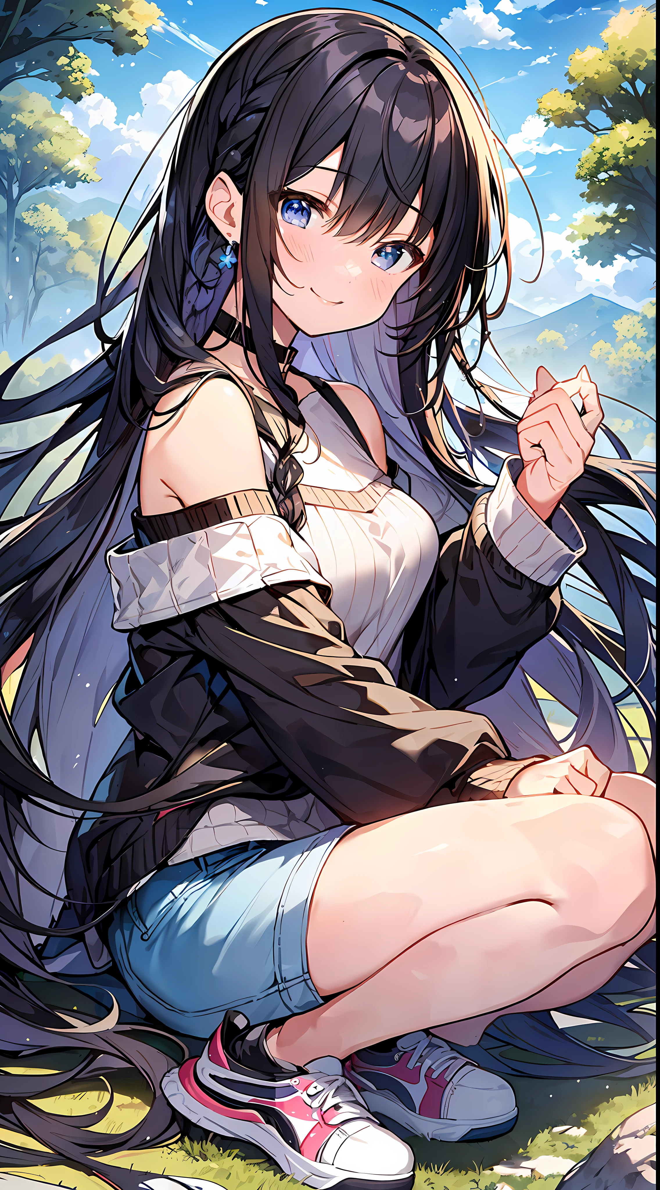 Top Quality, Masterpiece, Ultra High Definition, 8K, Summer Sky, Early Summer, (Shorts, Light Knitwear, Sneakers), Shojo Manga Style Loli, One, Soft Line Art, Digital Enhancement, Shojo Manga Touch, Shoujo Manga Core, Flowing Fabric, Close Up, (Hair length and short braid to the shoulders)), Wet Hair, Staring at us from the front, Soft drawing, Beautiful Black Hair, Clear eyes, (((teasing smile)), ultra-detailed digital anime art, clear face depiction, ultra-detailed shojo manga character art, clear facial features, ultra-detailed manga style, top quality colors, hand gestures, landscape with nature, looking up at the sky, angle that can see up to your feet, crouching
