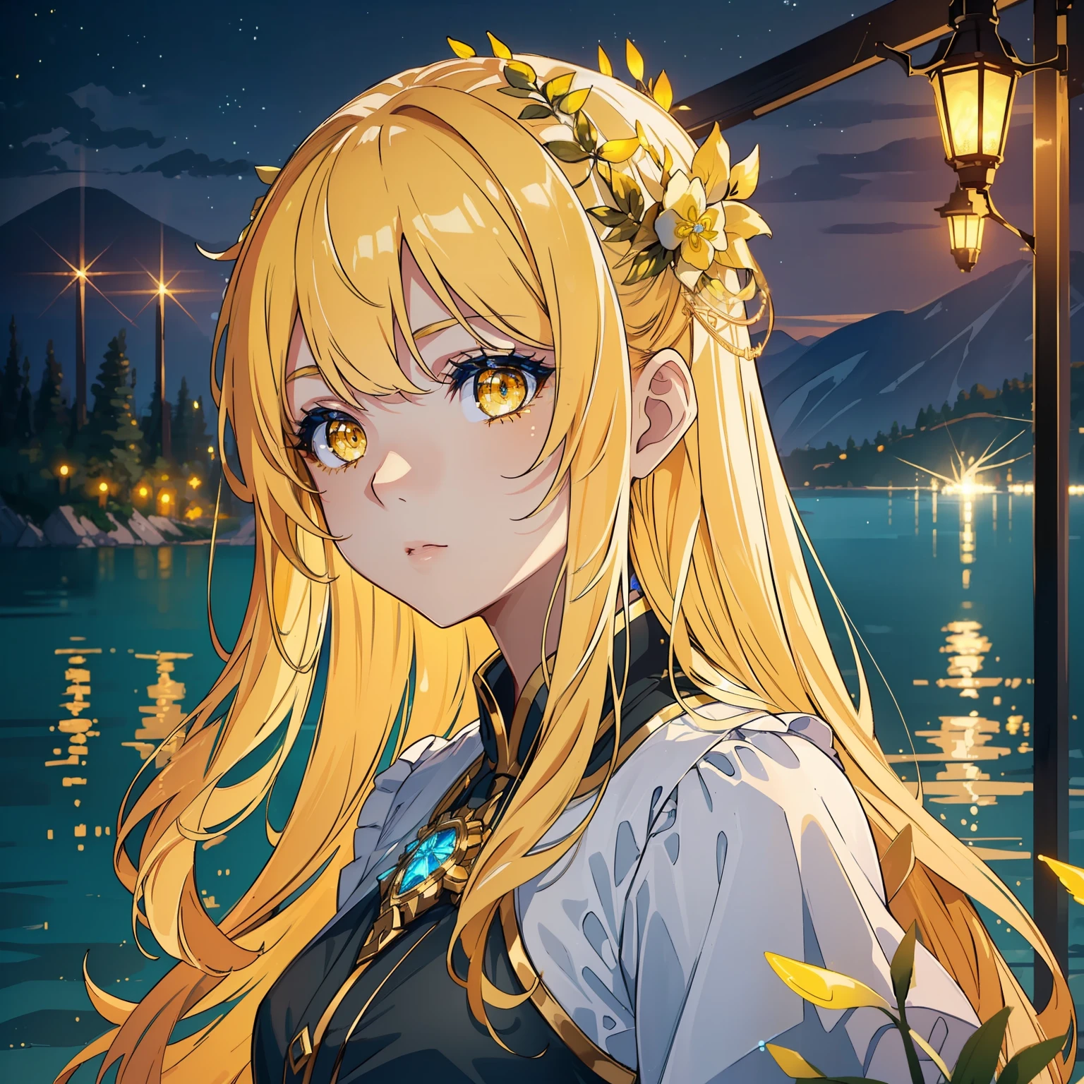 (best quality:1.4), (masterpiece:1.2), (best lighting), (amazing landscape), (extremely detailed eyes:1.4), (yellow eyes, incandescent, glowing, bioluminescent), (shimmering eyes), a beautiful girl with blond, straight hair, fair, white skin, background of lake scenery, cinematic lighting[Niji:5.2]