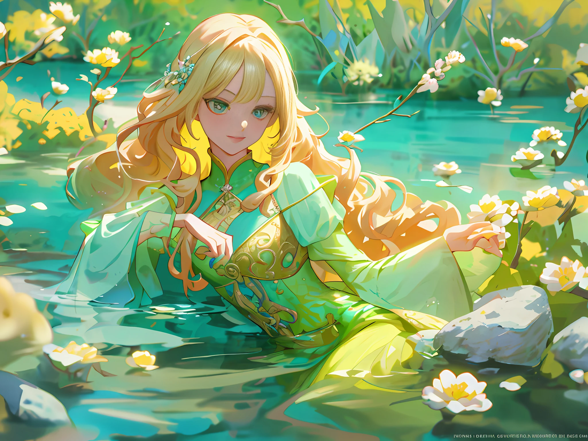 with long, curly blonde hair holding her whip with flowers encrusted so that they look like they are shoots, she is sitting with a graceful feature on a rock above a crystalline lake of water-green color with pale yellow flowers, her dress with yellow pastel shades and colorful textures with perfect and prestigious shading, splashart, body lines, vibrant colors, exquisite details, cinematic, artstation, detailed face, by rossdraws, by Kienan Lafferty