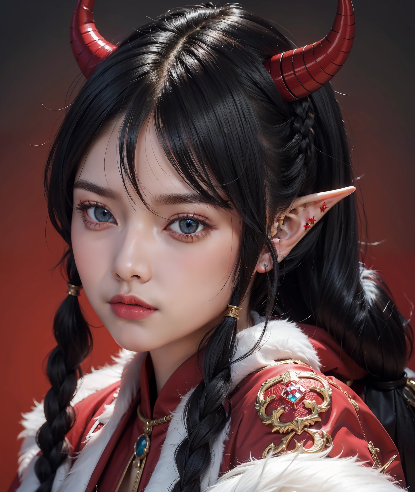 solo, single, bust, cinematic, HD, energetic, energetic, cute, demon double horns, elf ears, blue eyes, long black hair, two twisted braids next to the face, two red hairpins on the right side, red fur coat, blank background, beautiful woman