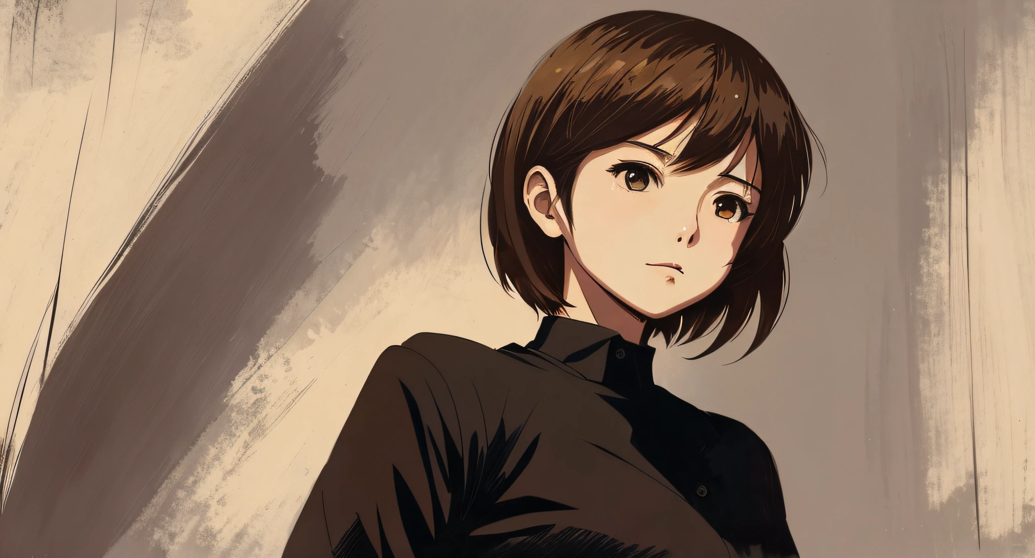 Detailed and perfect anime style illustration, brown short hair, very cute young woman, wearing a black shirt. White background, dramatic lighting Makoto Shinkai