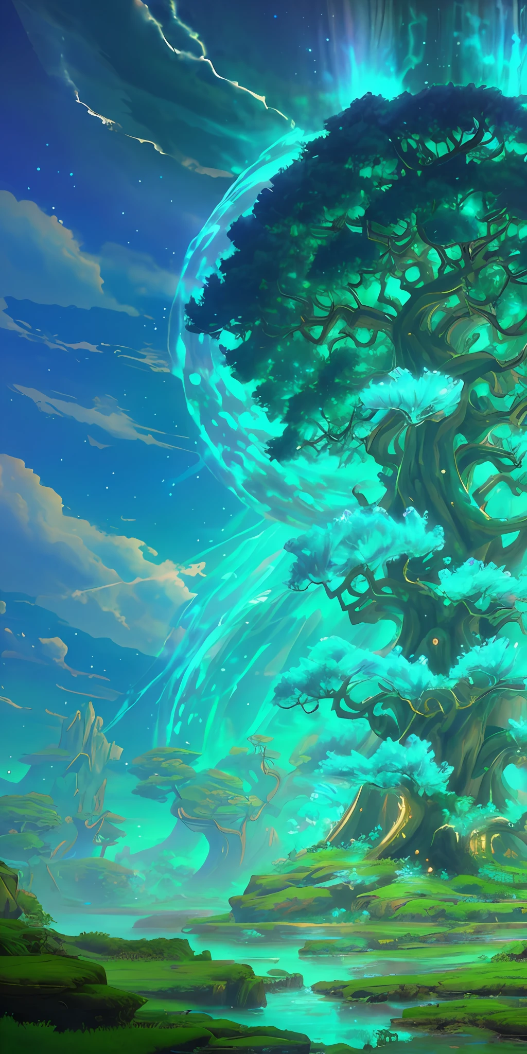 Illustration of a surreal, otherworldly, hyper sky scene including a giant crystal tree full body, highly detailed and magical lighting, intricate forest details, vegetation and surrounding river, solar punk, landscape, giant tree , beautiful green leaves, beautiful lighting and realistic proportions, as if this is a movie background, 8k, highest quality, masterpiece, clouds and stars in the sky.