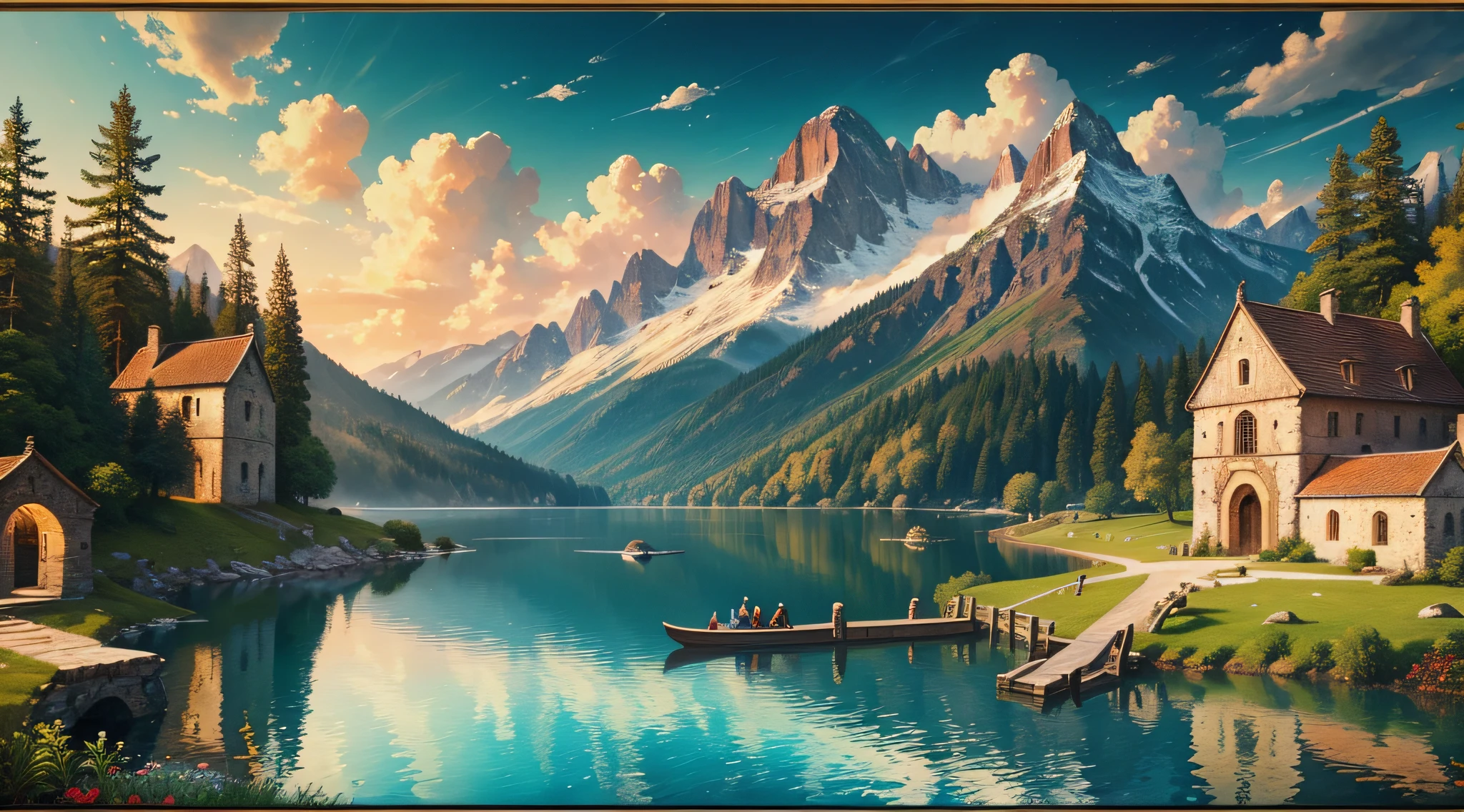 Renaissance oil painting, magnificent, mountains, waterfalls, forests, white clouds, lakes, villages, 8K, fine details, high definition --auto --s2