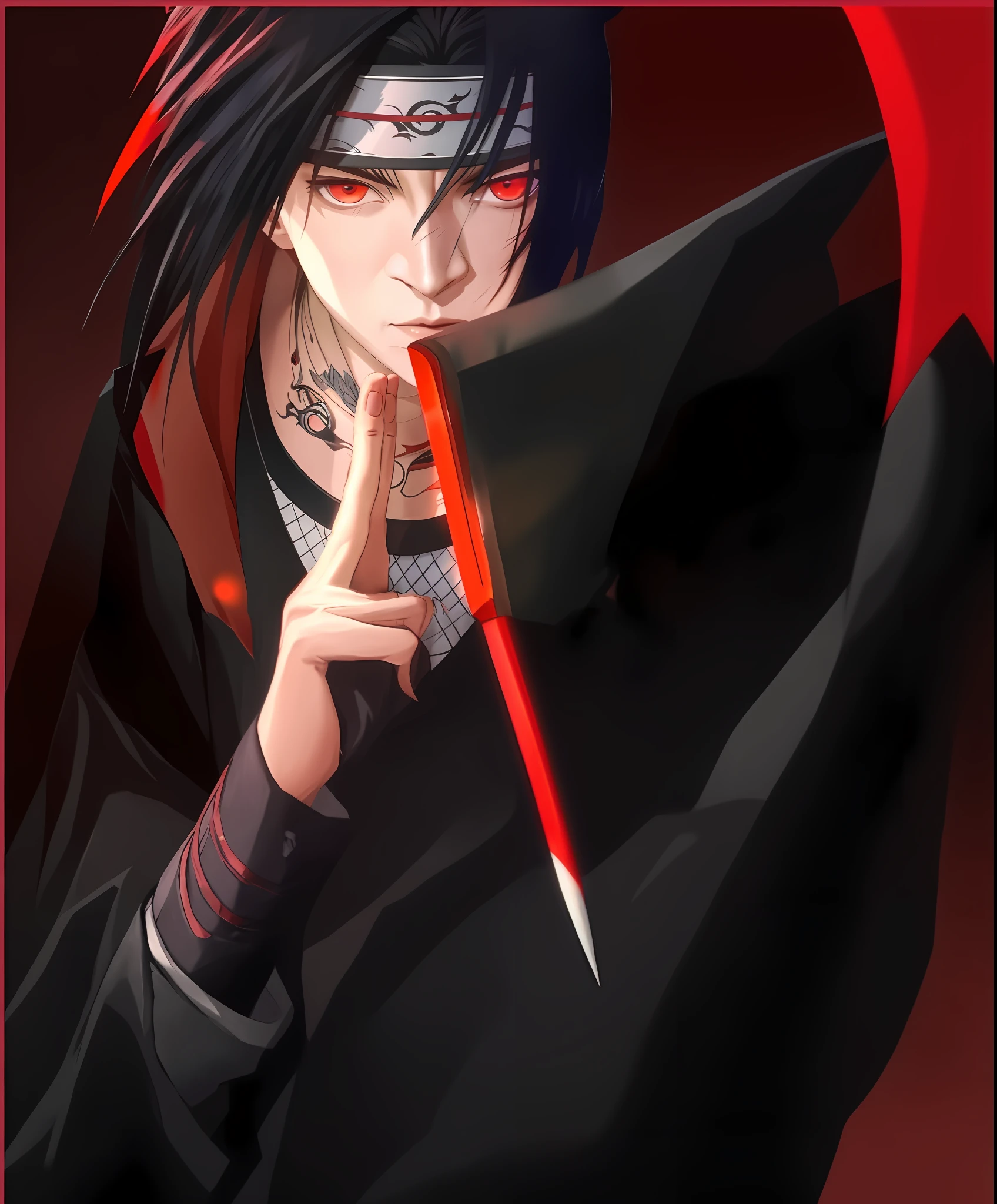Close-up of a man with red eyes and black hair, Uchiha Itachi, Uchiha Itachi, Itachi, Sasuke Uchiha, Akira Akatsuki, Uchiha Madara, Dragon, from Naruto, anime style 4 K, inspired by Asai Naka, realistic anime art style, holding a dart in his left hand