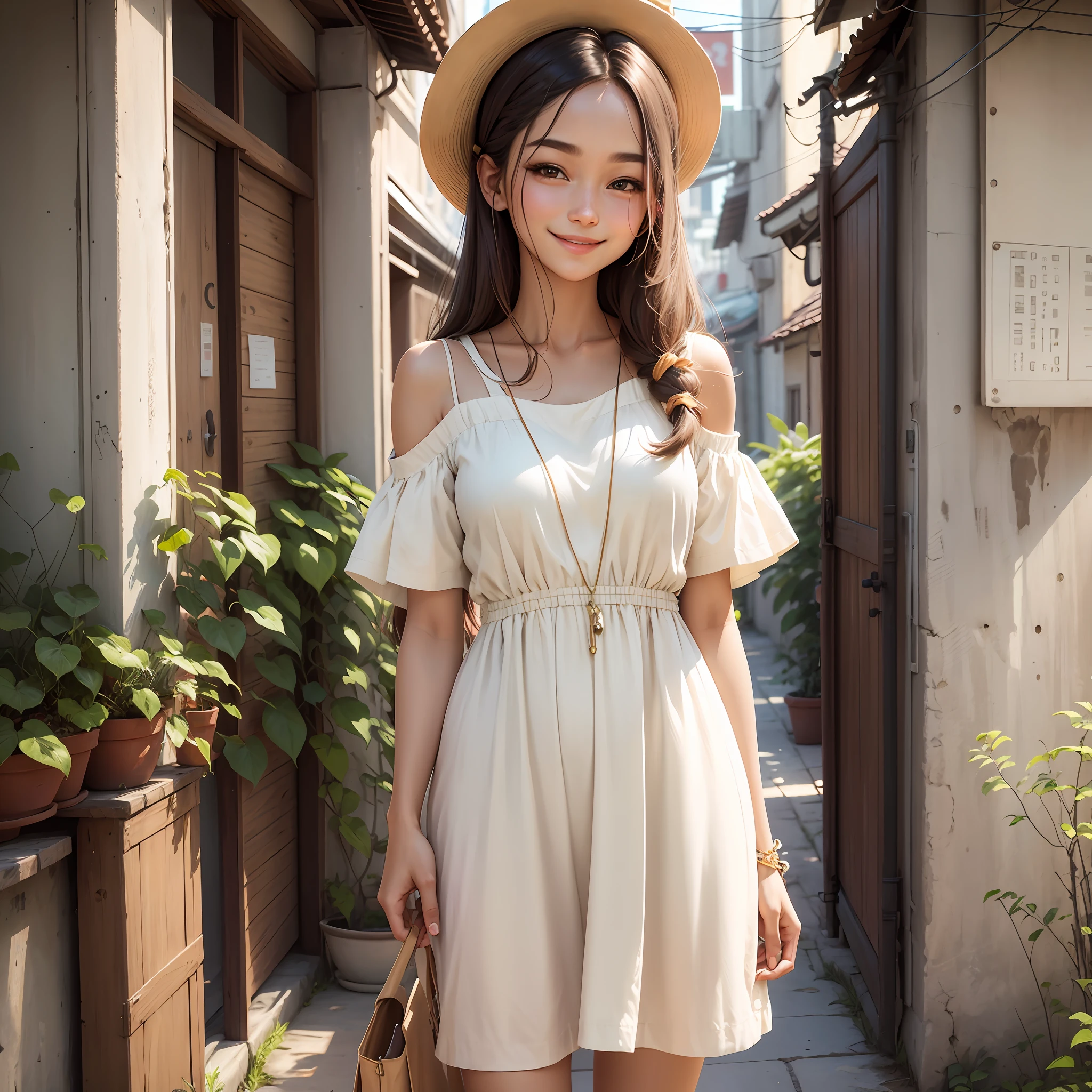 A smiling beauty with shoulder-length hair. She wears a loose white short-sleeved T-shirt and a beige loose long dress. --auto --s2