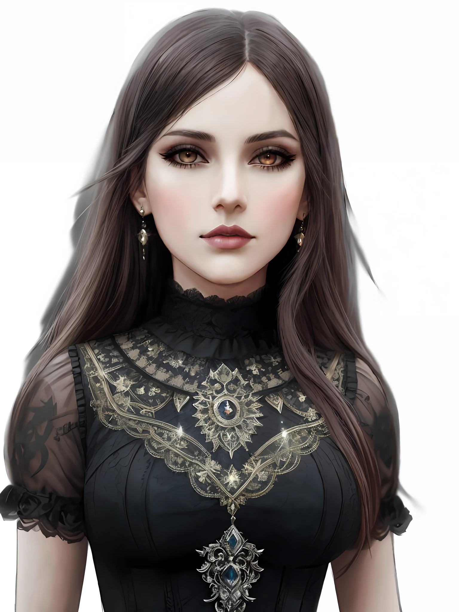 A woman with long hair wearing a black dress and gold jewelry, goth girl's face, beautiful face. dark fantasy, in bowater art style, gothic art style, gothic face, dark fantasy portrait, gothic princess portrait, detailed matte fantasy portrait, beautiful fantasy art portrait, dark fantasy mixed with realism, fantasy art portrait, gothic girl, elf ears, white hair, red eyes, digital art of an elegant