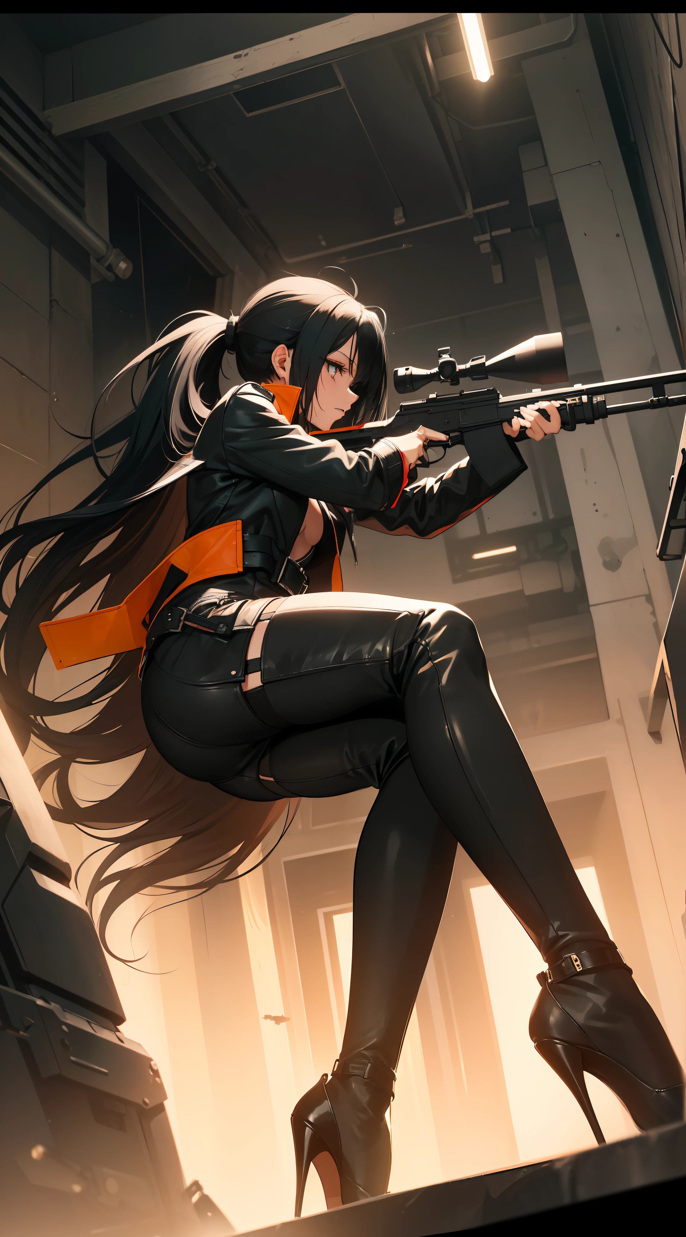 (Left hand holding butt 1.5), (Right hand pulling trigger 1.5), ((Tight black leather jacket), (Stockings 1.2) (Long hair fluttering), (Barrett sniper rifle), (aiming), (Half-human and half-mechanical 1.5), (All black), (2m long legs 1.5), ((Black High Heels 1.5)), (Black Pupils), (Royal Sister), (High Cold Temperament), (Straight Black Hair), (High Ponytail), (Best Quality)