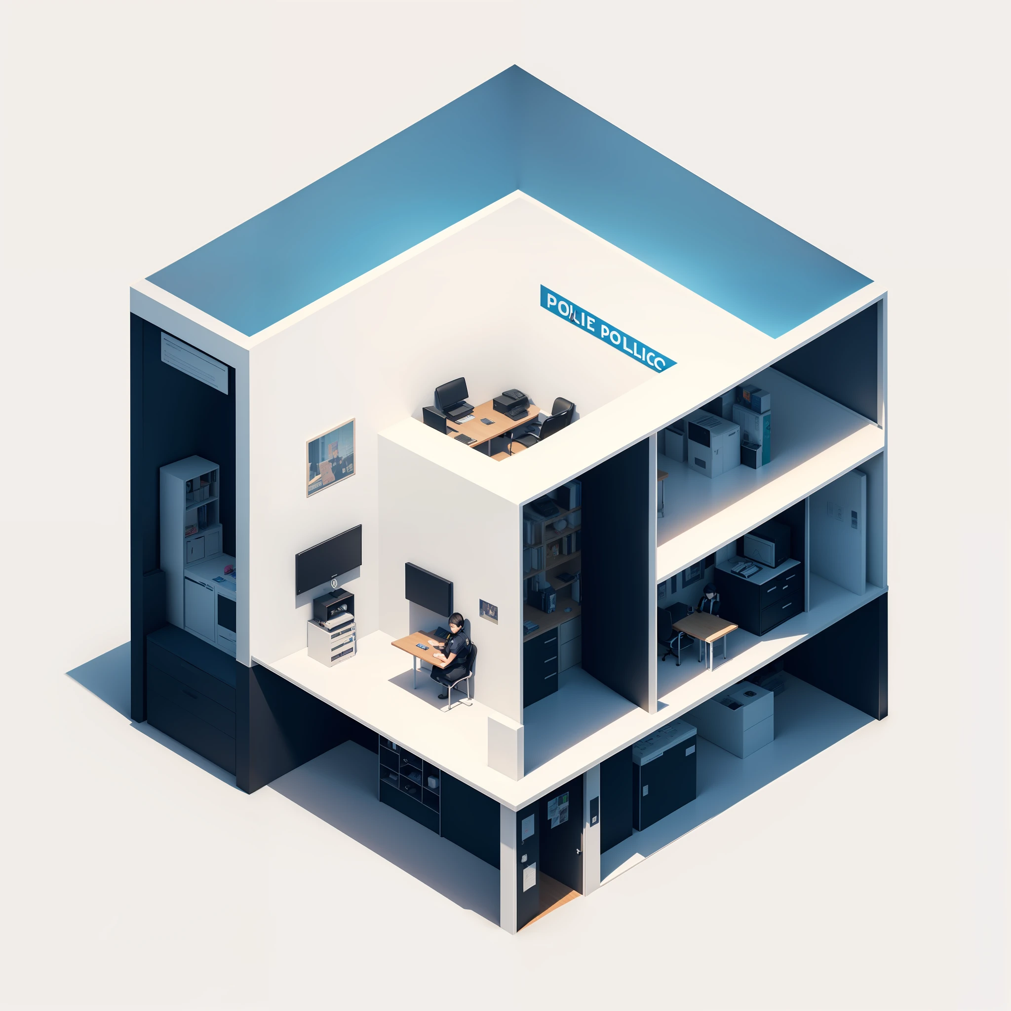Police officers work in offices, best quality  , blind box toy style, high detail, ray tracing, stereogram, three sided view, Op art, 8k, high details, high quality, 8k, masterpiece, ccurate --auto --s2