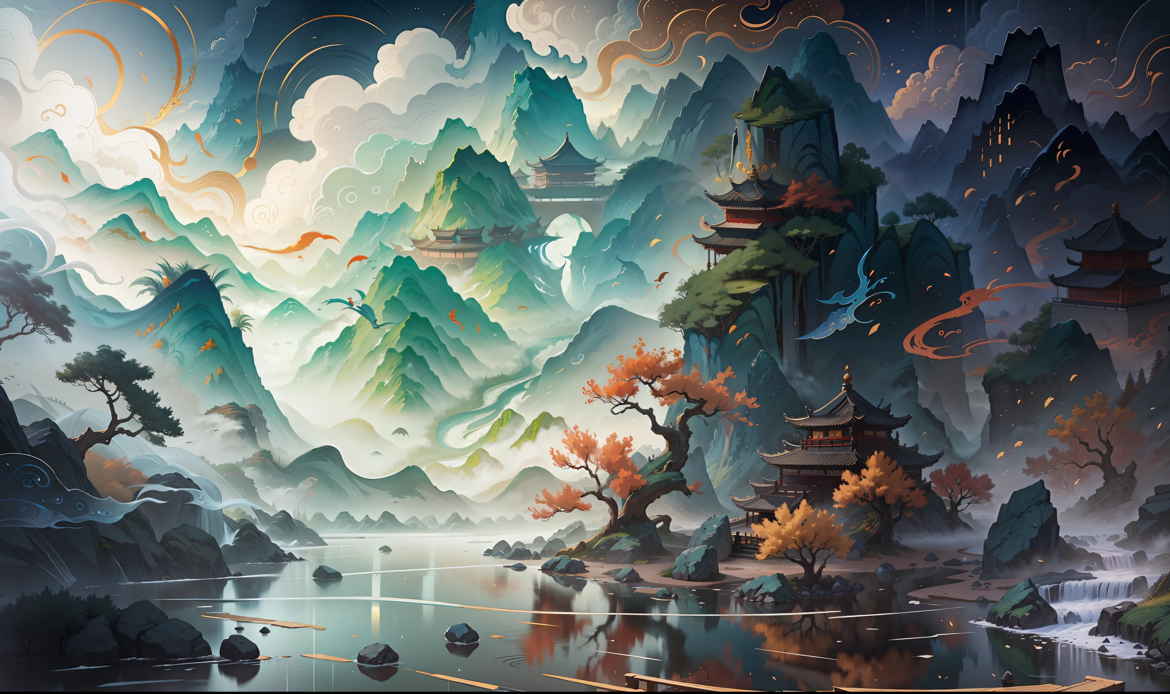 Ancient Chinese scenery, mountains, rivers, auspicious clouds, sunshine, masterpieces, super detail, epic composition, ultra HD, high quality, extremely detailed, official art, unified 8k wallpaper, Super detail, 32k -- v 6