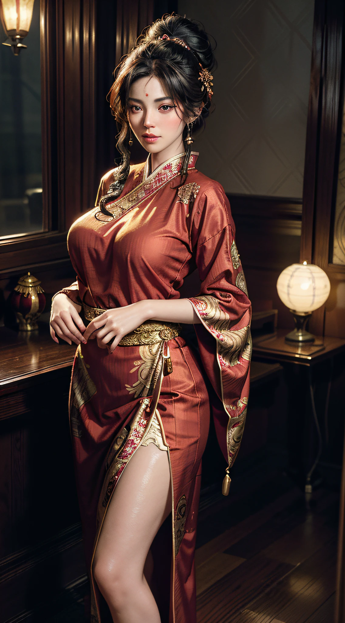 The art depicts a charming woman dressed in a flowing, silky traditional oriental dress, red, decorated with intricate patterns and bright colors. Her dress drapes elegantly over her curvy figure, accentuating her seductive silhouette. She stood gracefully in the quiet moonlit night, bathed in the soft glow of the moonlight. The scene exudes an ethereal and dreamy atmosphere, with a touch of mystery and sexiness. The graphic style blends watercolor and digital illustration techniques to evoke a refined beauty and charm. The lights are filled with soft moonlight, casting soft highlights and shadows on her charming features.